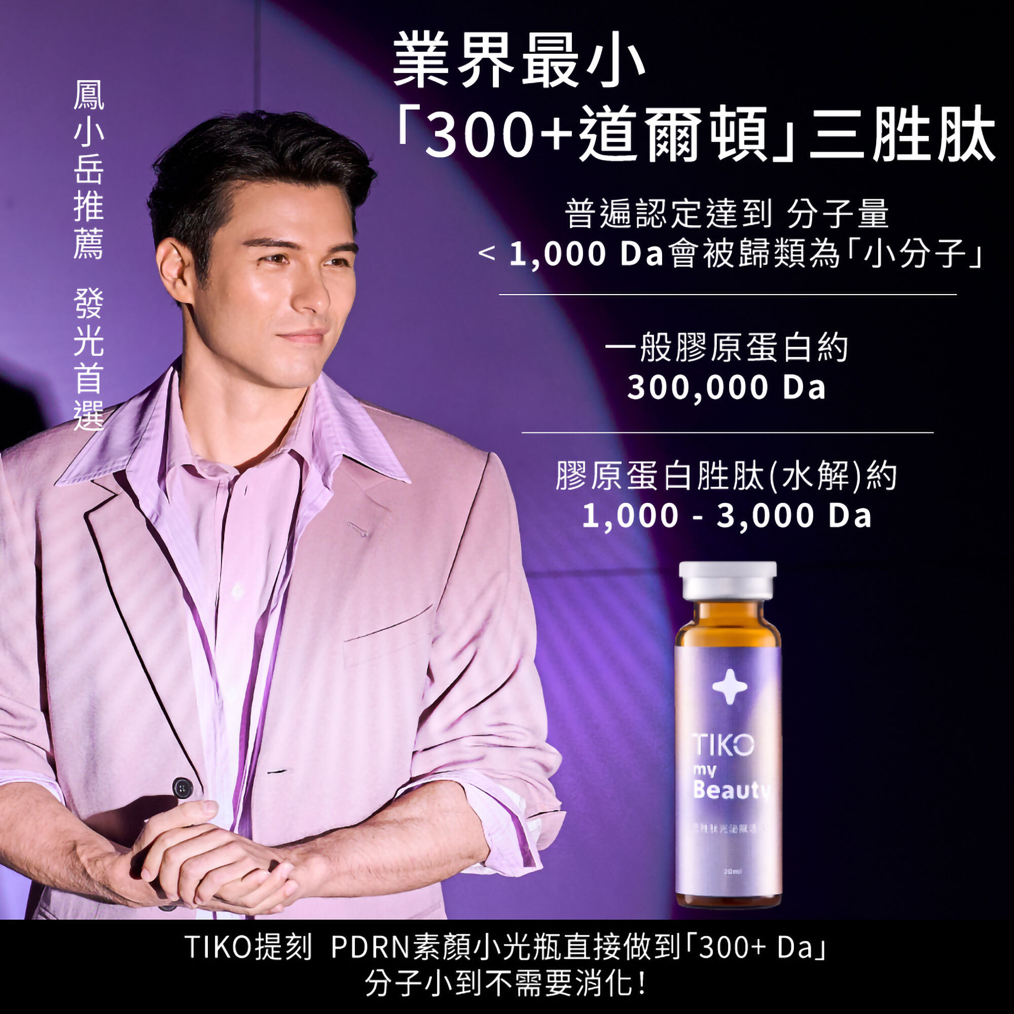 鳳小岳推薦發光首選!TIKO PDRN素顏小光瓶採業界最小 300+ 道爾頓三胜肽,超小分子量不需消化,比一般膠原蛋白更容易吸收。