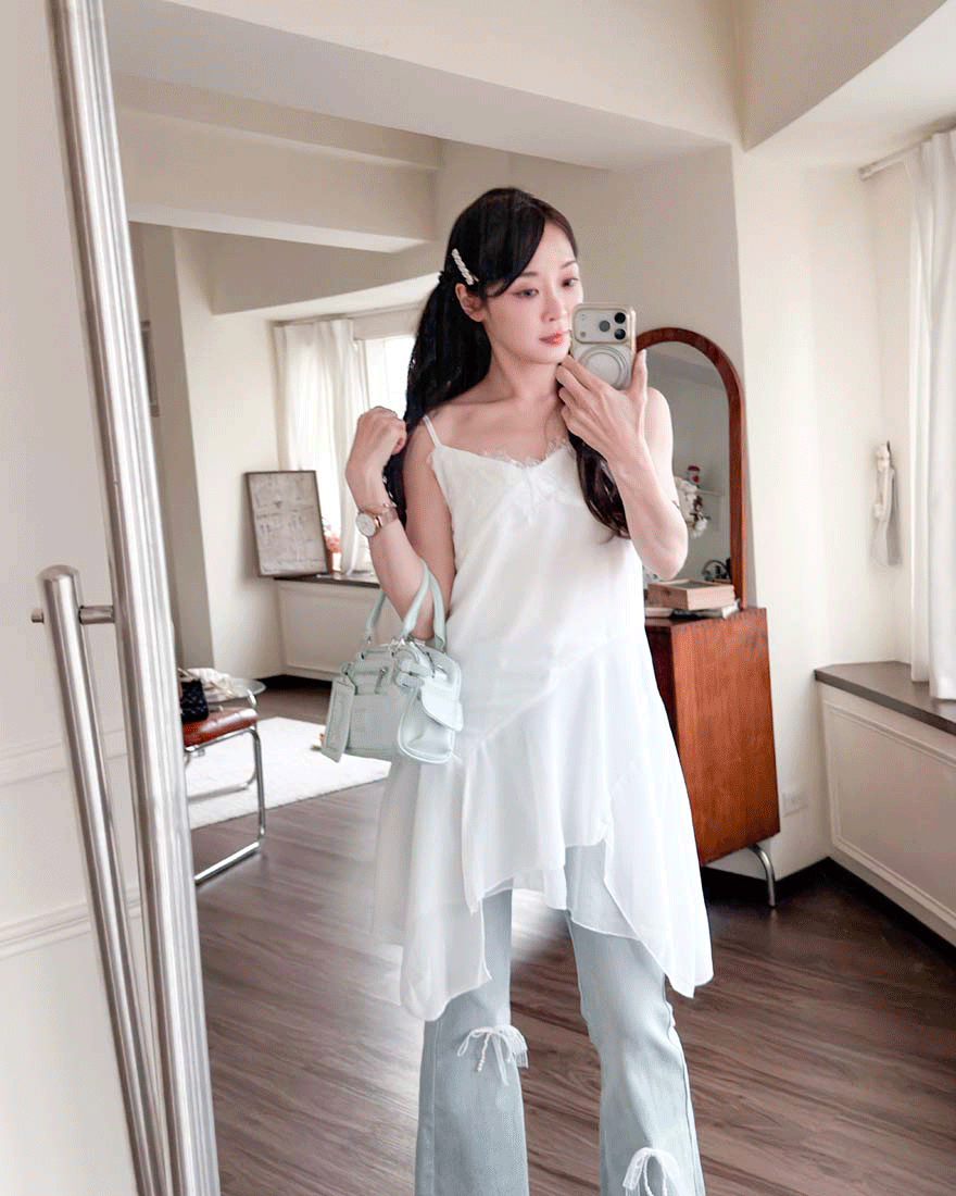LINA LINA唯美偏愛睫毛蕾絲不規則裙襬洋裝-優美白