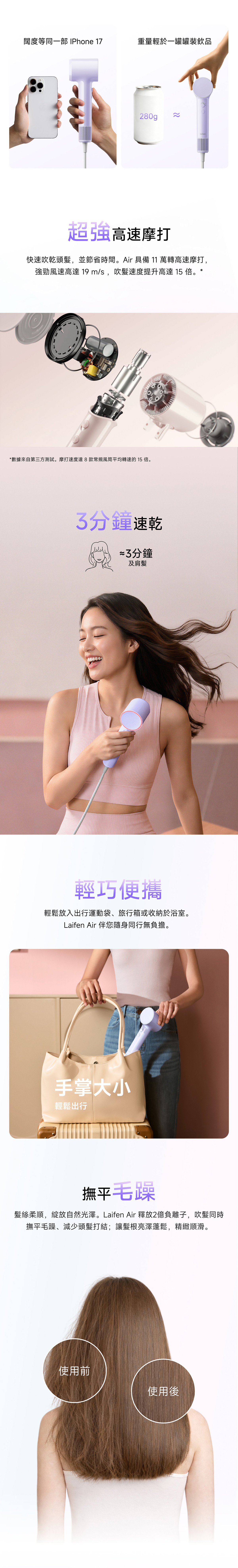 Laifen Air 掌心大小,極緻輕盈。超强高速摩打三分鐘速乾頭髮