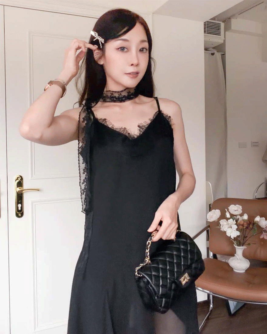 LINA LINA唯美偏愛睫毛蕾絲不規則裙襬洋裝-貴氣黑