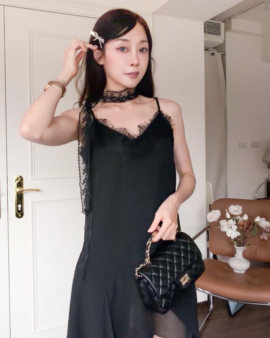 LINA LINA唯美偏愛睫毛蕾絲不規則裙襬洋裝-貴氣黑