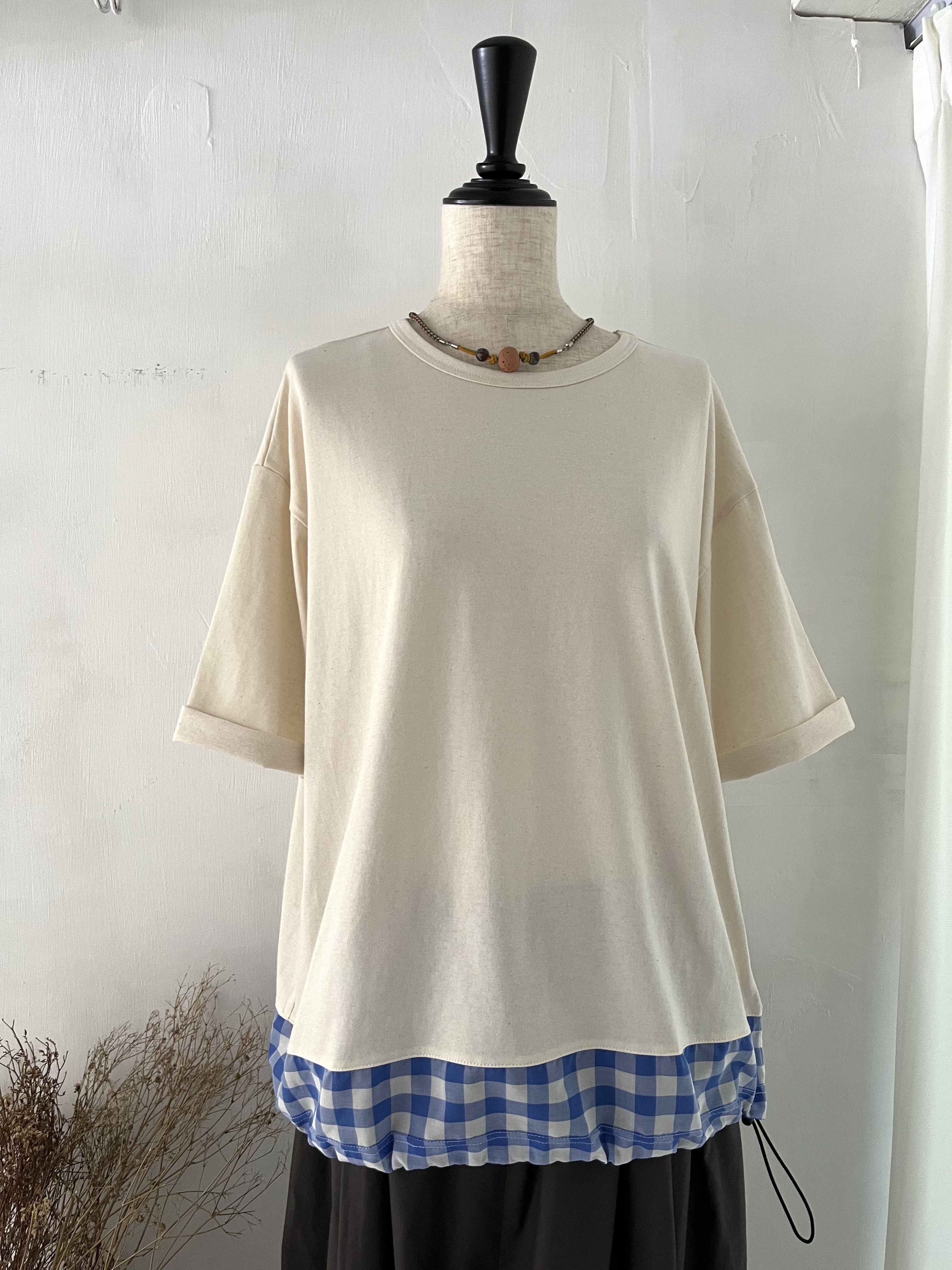 日本製touiours ensemble米色圓領拼布格仔top