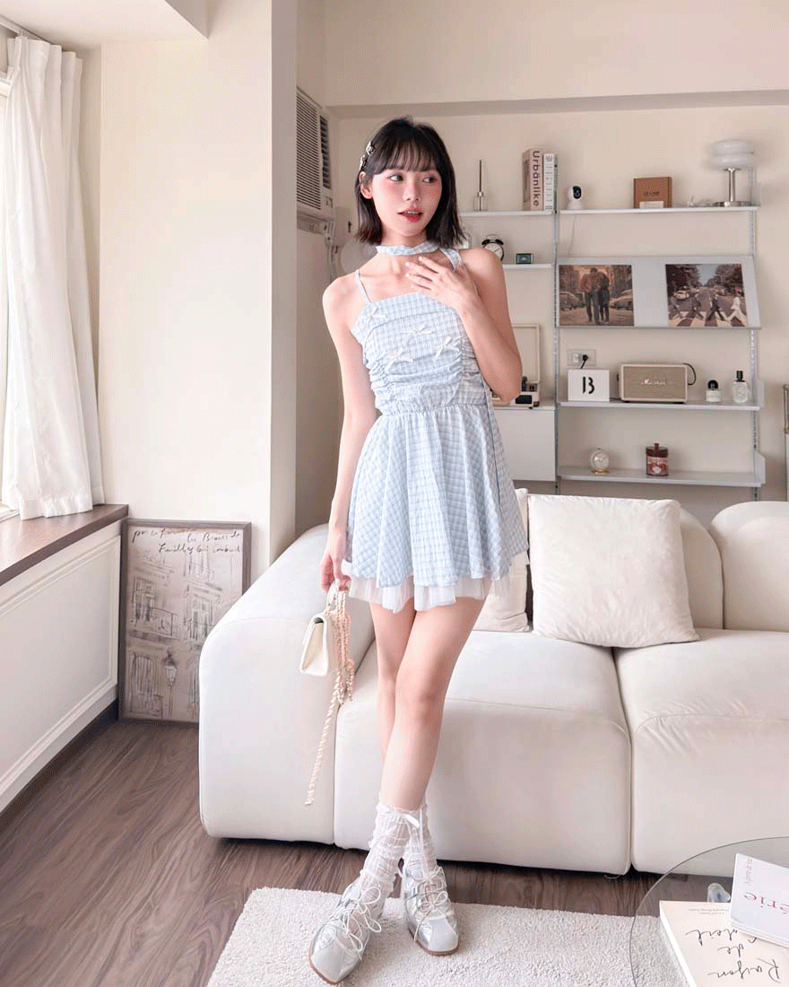 LINA LINA傾心藍調蝴蝶結拼色格紋洋裝附繞帶-藍X白