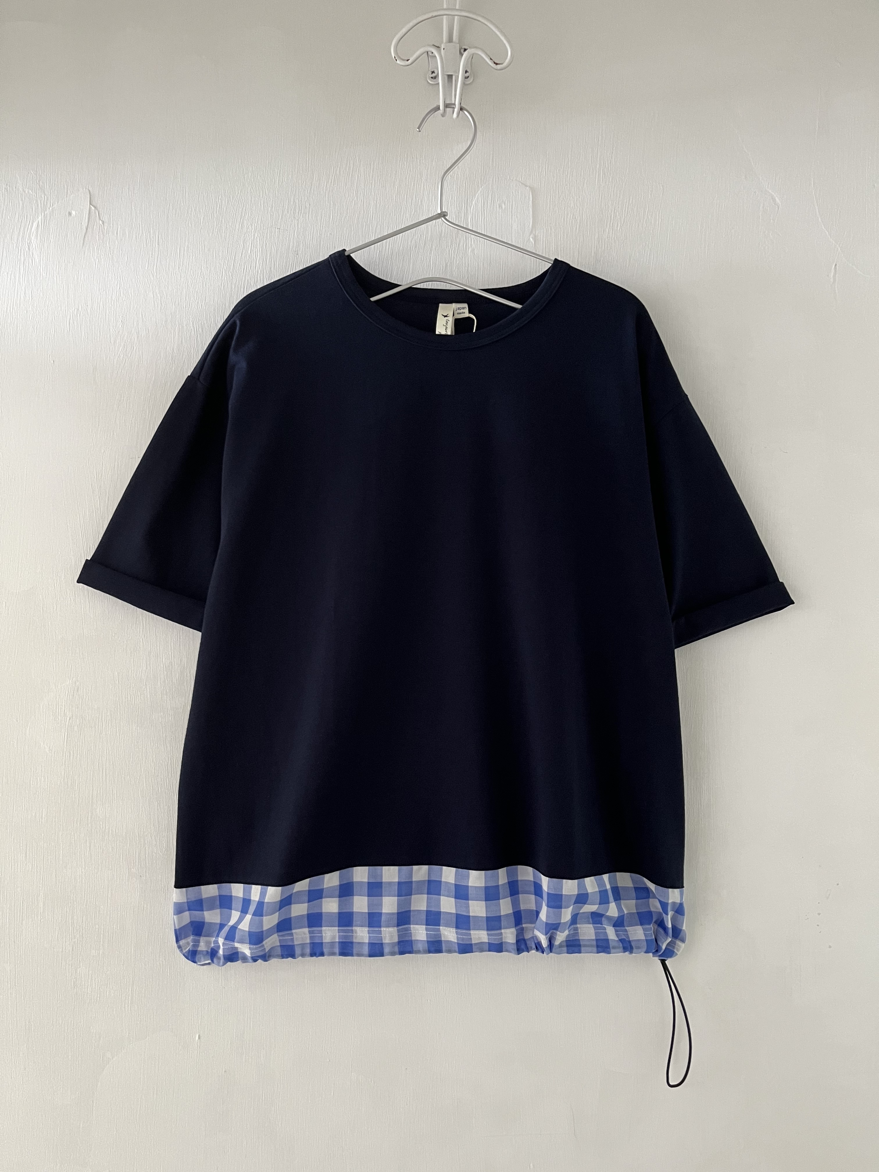 日本製toujours ensemble藍色圓領拼布格仔top