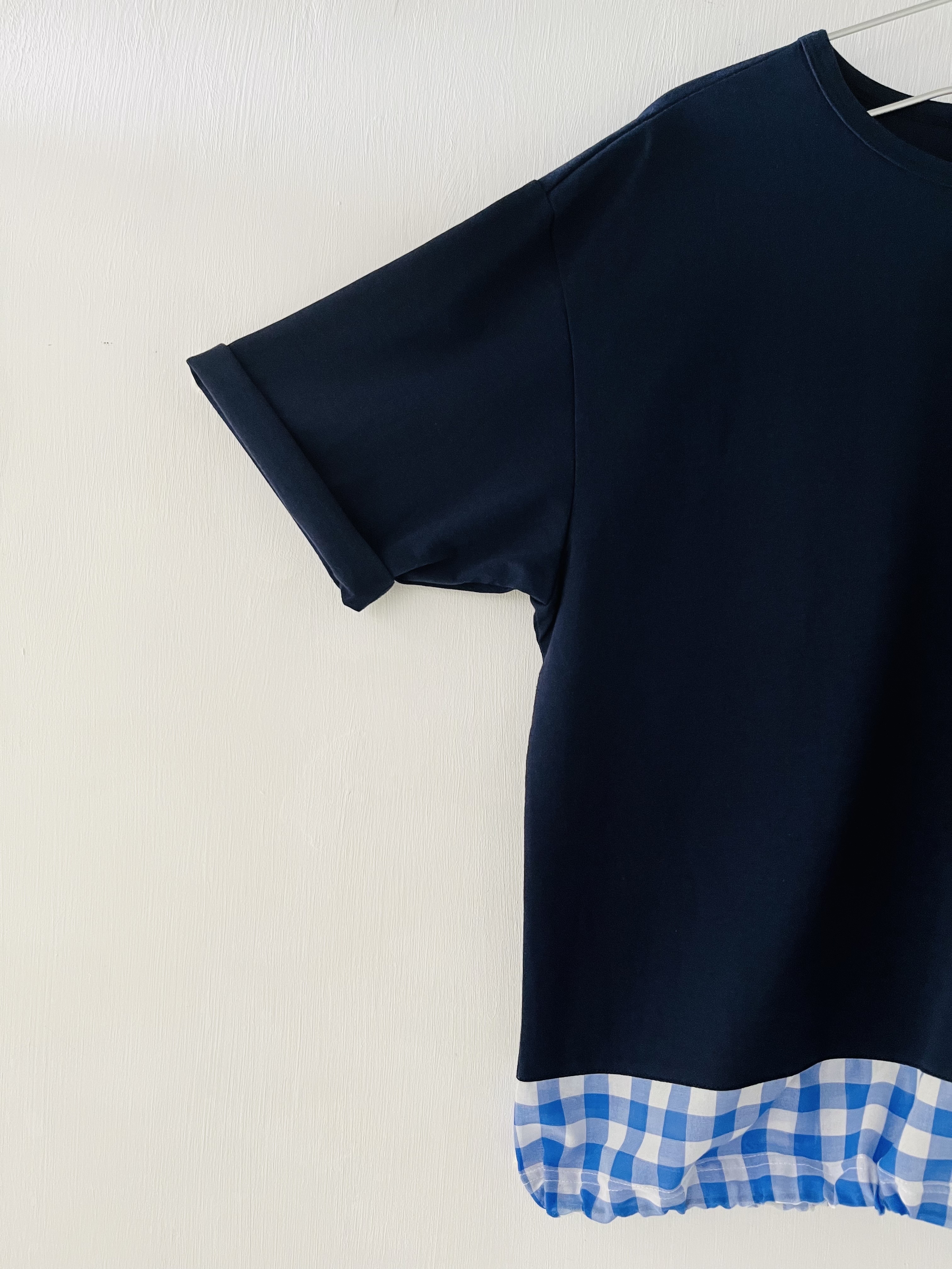日本製toujours ensemble藍色圓領拼布格仔top