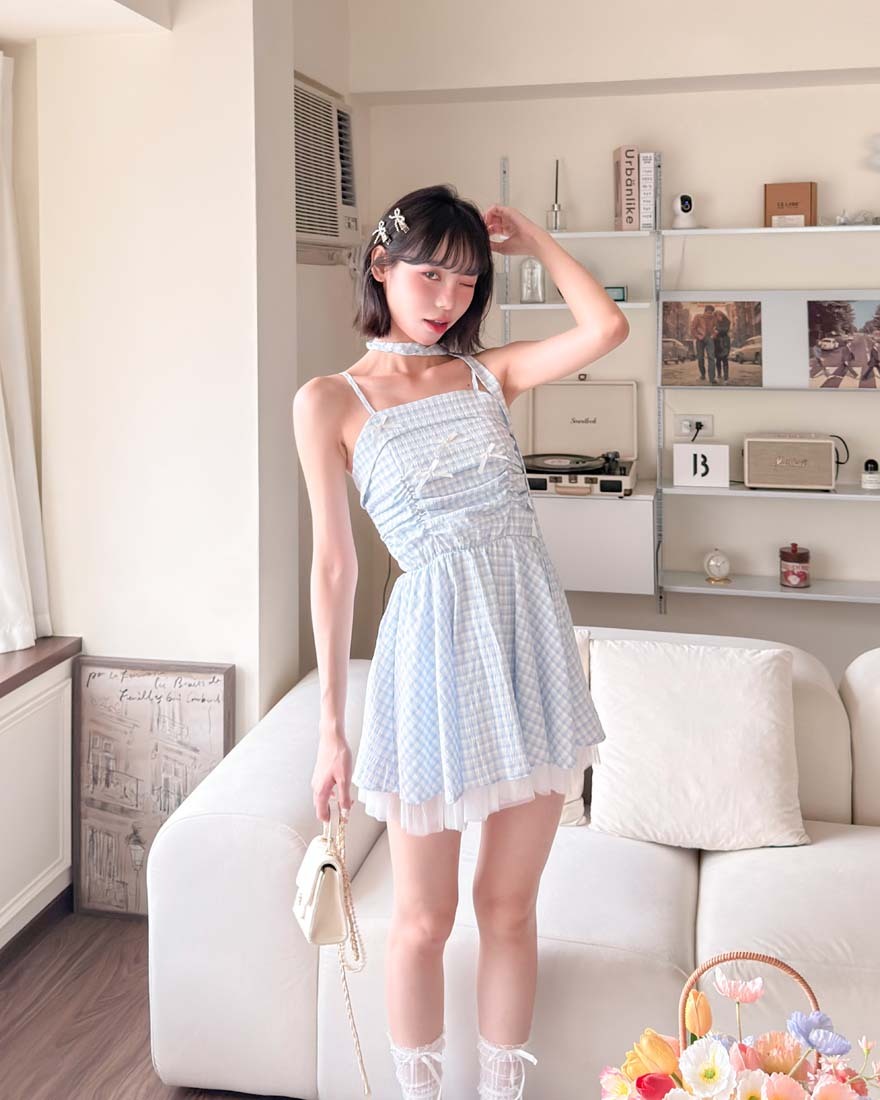 LINA LINA傾心藍調蝴蝶結拼色格紋洋裝附繞帶-藍X白