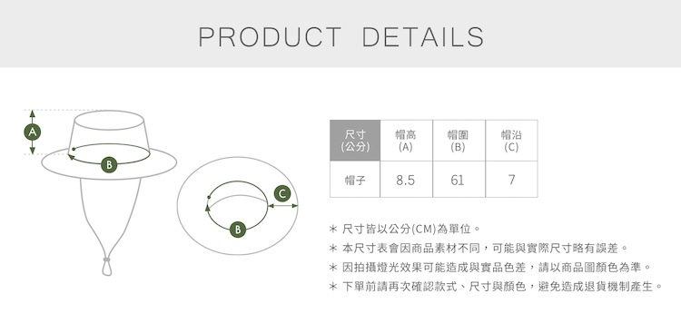 圖片標題為「PRODUCT DETAILS」。左側有兩個漁夫帽示意圖,標示測量位置(帽高 A, 帽圍 B, 帽沿 C)。右側有一個表格,列出尺寸數據:帽高 8.5 公分、帽圍 61 公分、帽沿 7 公分。表格下方有四個星號附註事項(尺寸公分為單位、材質誤差±2cm可能、光線色差可能、訂單前確認細節)。
