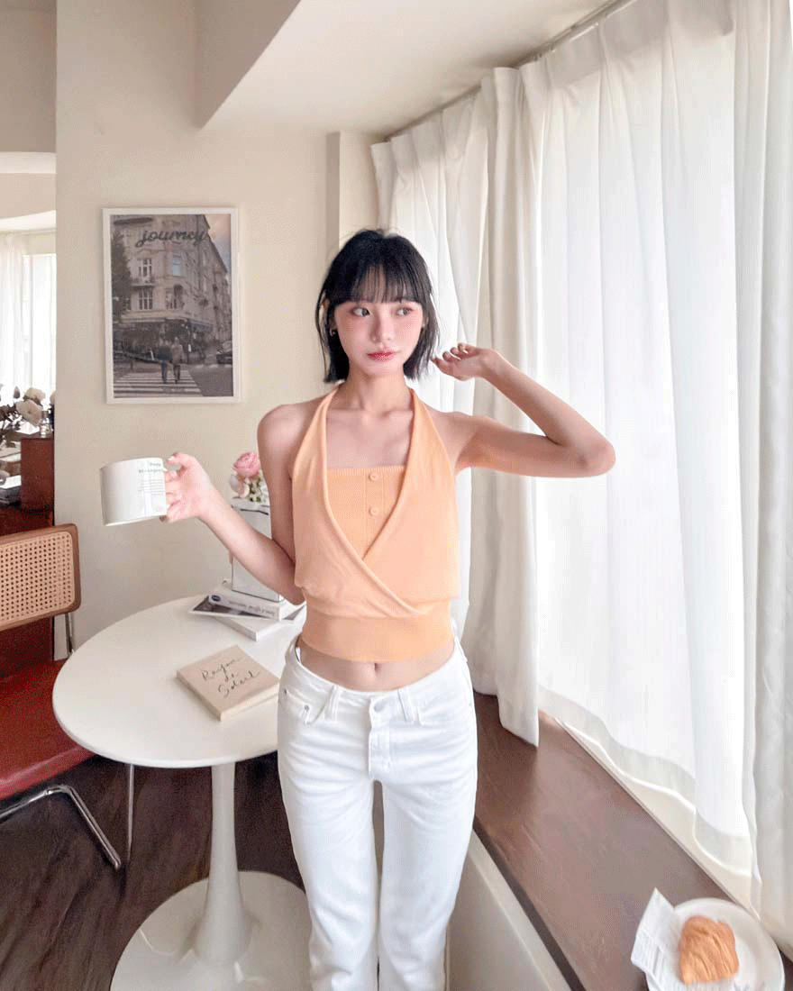 LINA LINA微辣蒔光繞脖排釦假兩件造型上衣-亮麗橘
