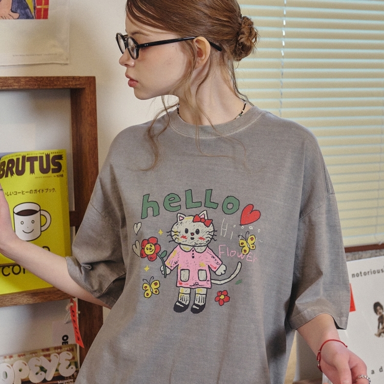 韓國 CPGN STUDIO 復古洗舊塗鴉短Tee HELLO FLOWER 灰