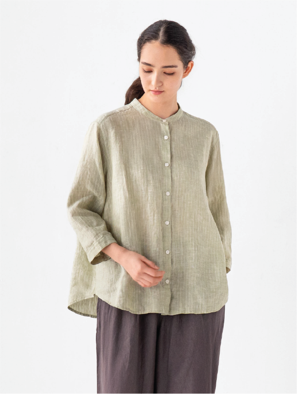 Model wearing linen dress