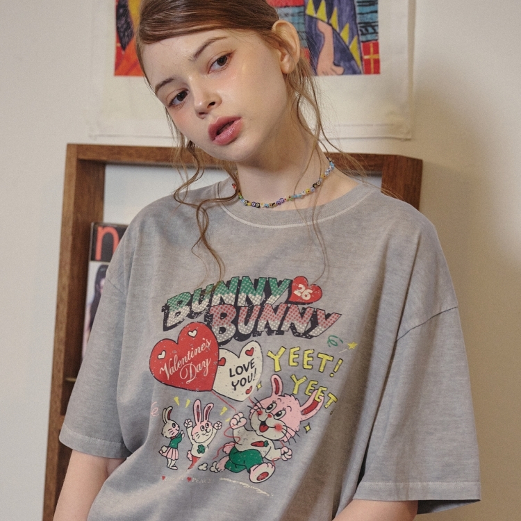韓國 CPGN STUDIO 復古洗舊塗鴉短Tee LOVE兔兔 灰