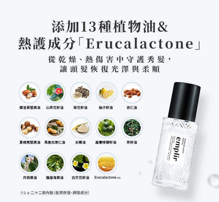 水光晶采護髮油添加Erucalactone將熱能轉化為修護力