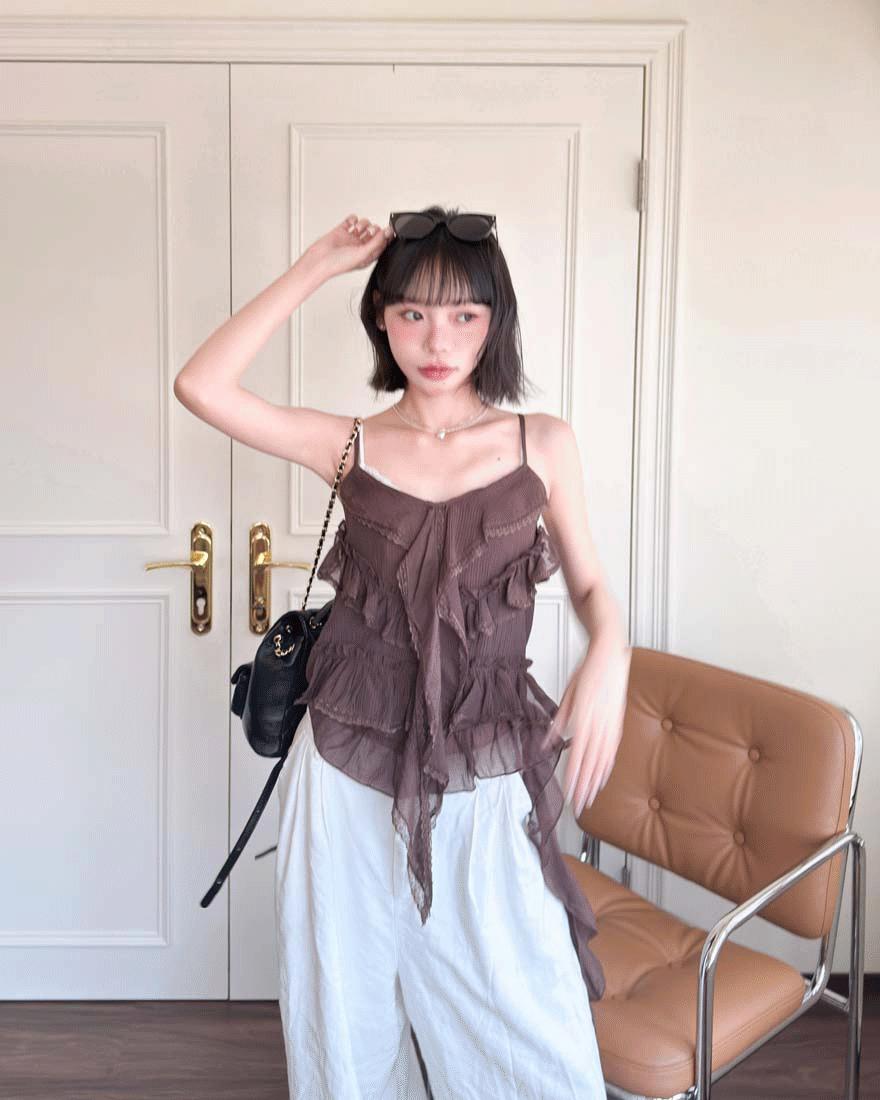LINA LINA韓妞氣場蕾絲荷葉滾邊飄帶上衣-巧克力咖