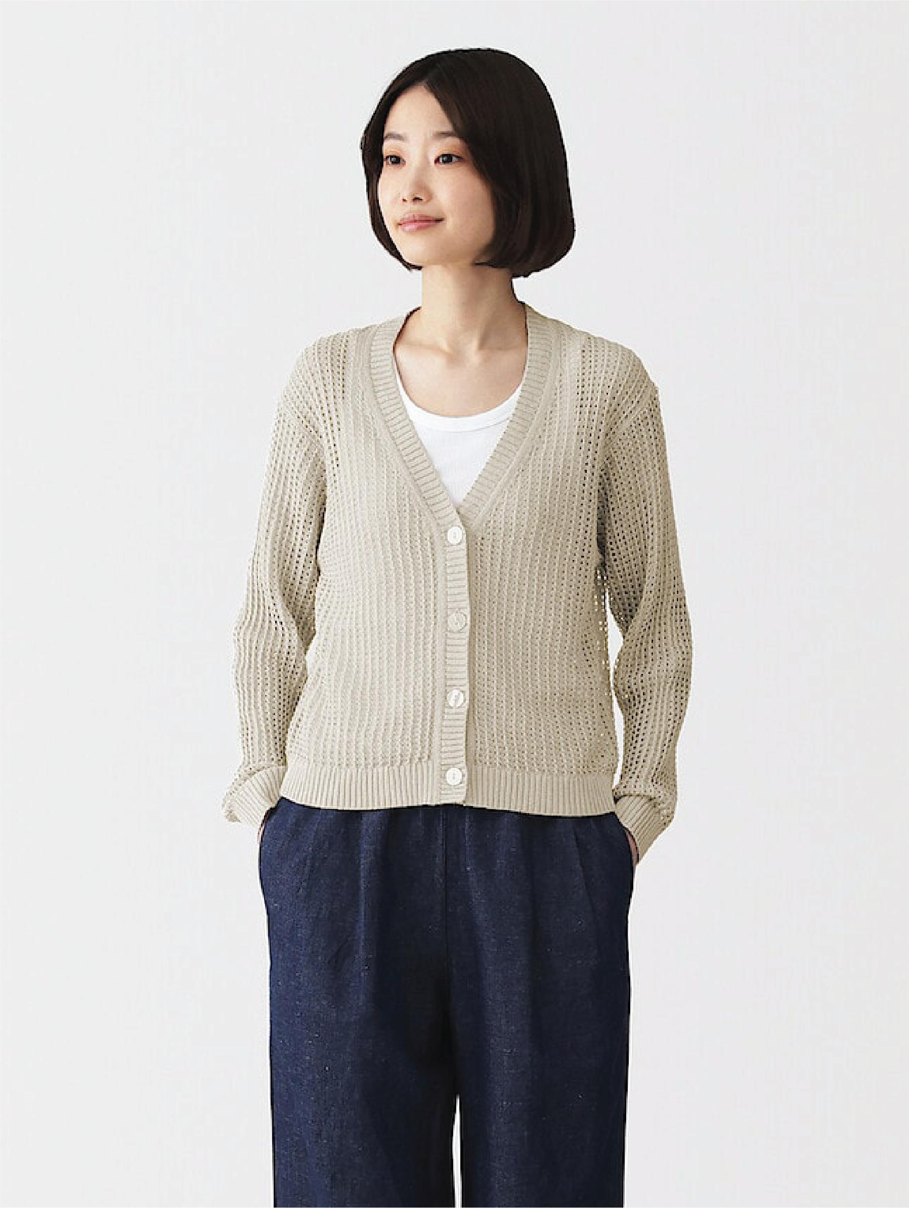 Model wearing linen dress
