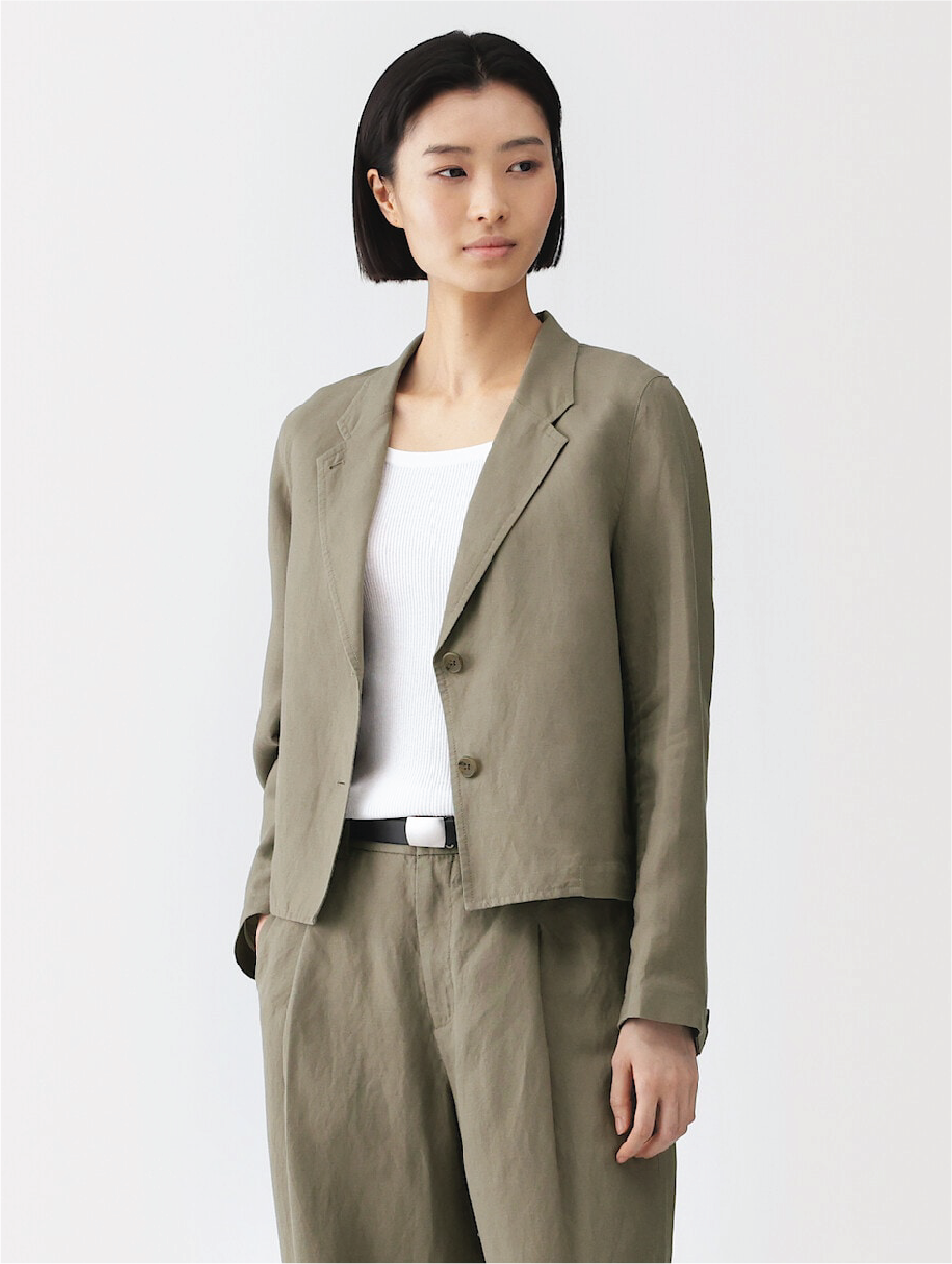 Model wearing linen dress