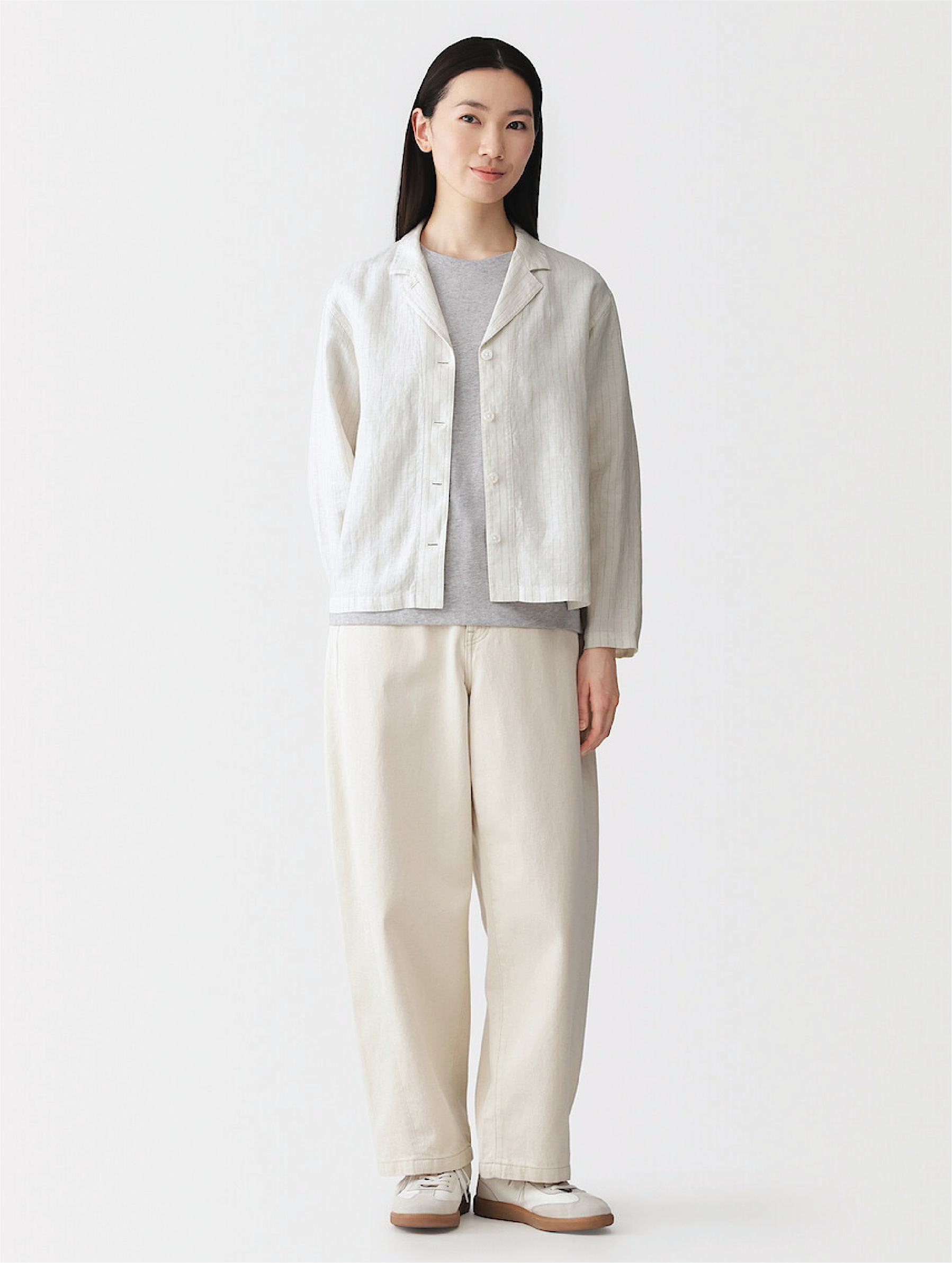 Model wearing linen dress
