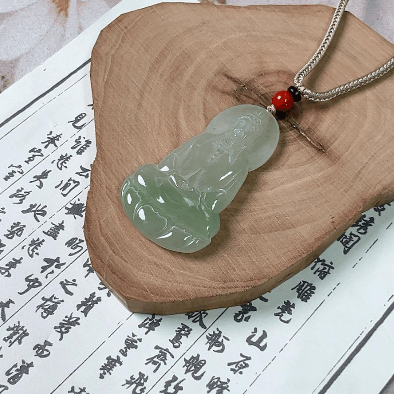CHN-JJG0617-260 和田玉翠青蓮花淨瓶觀音吊墜 約6*28*50mm (包盒包證書) (A60)