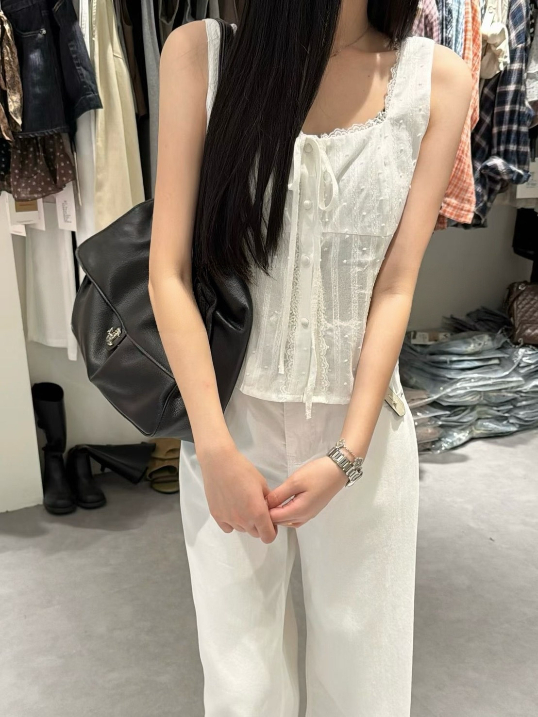 法式少女拼接蕾絲綁帶背心