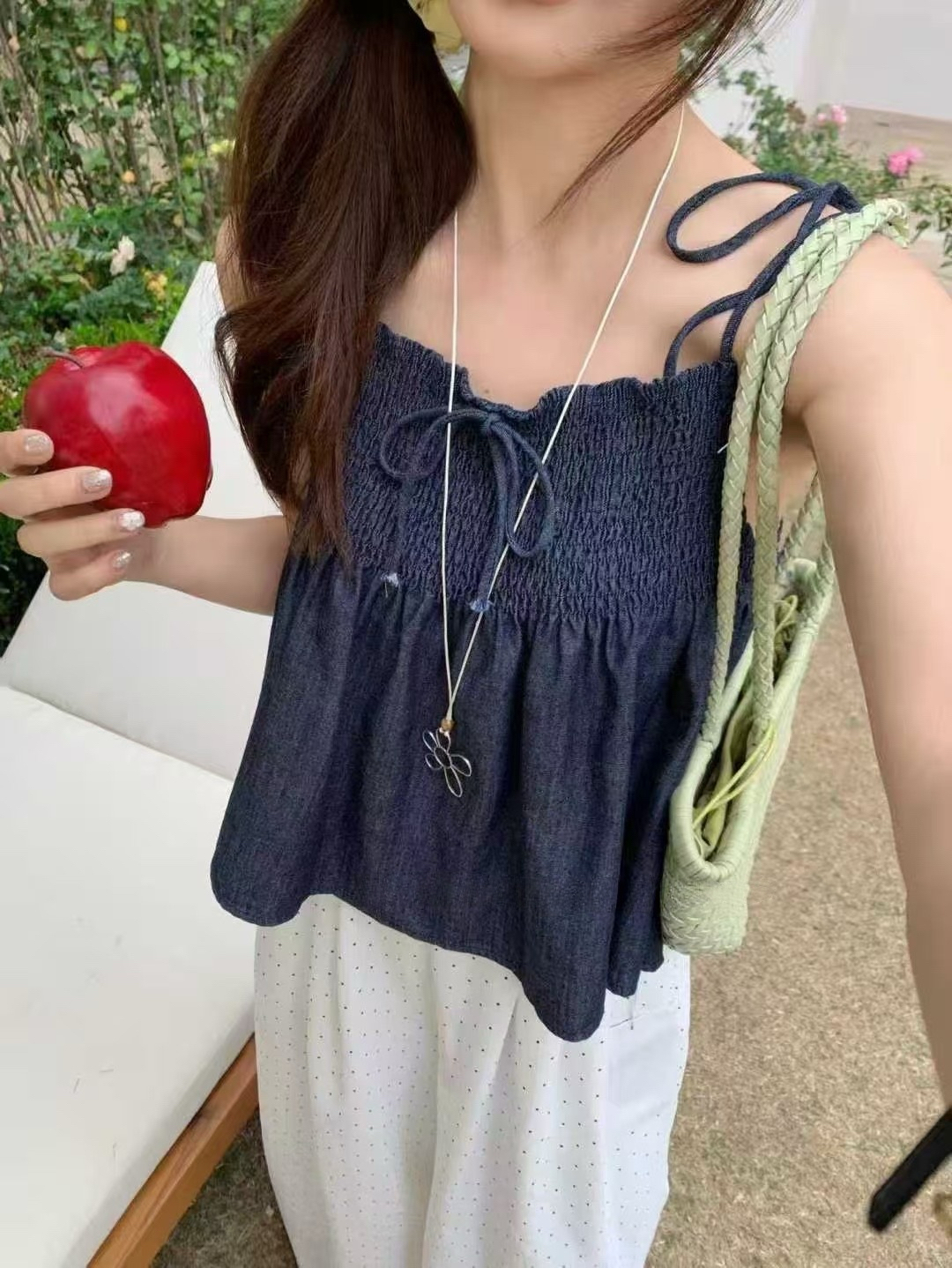 系帶牛仔布上衣