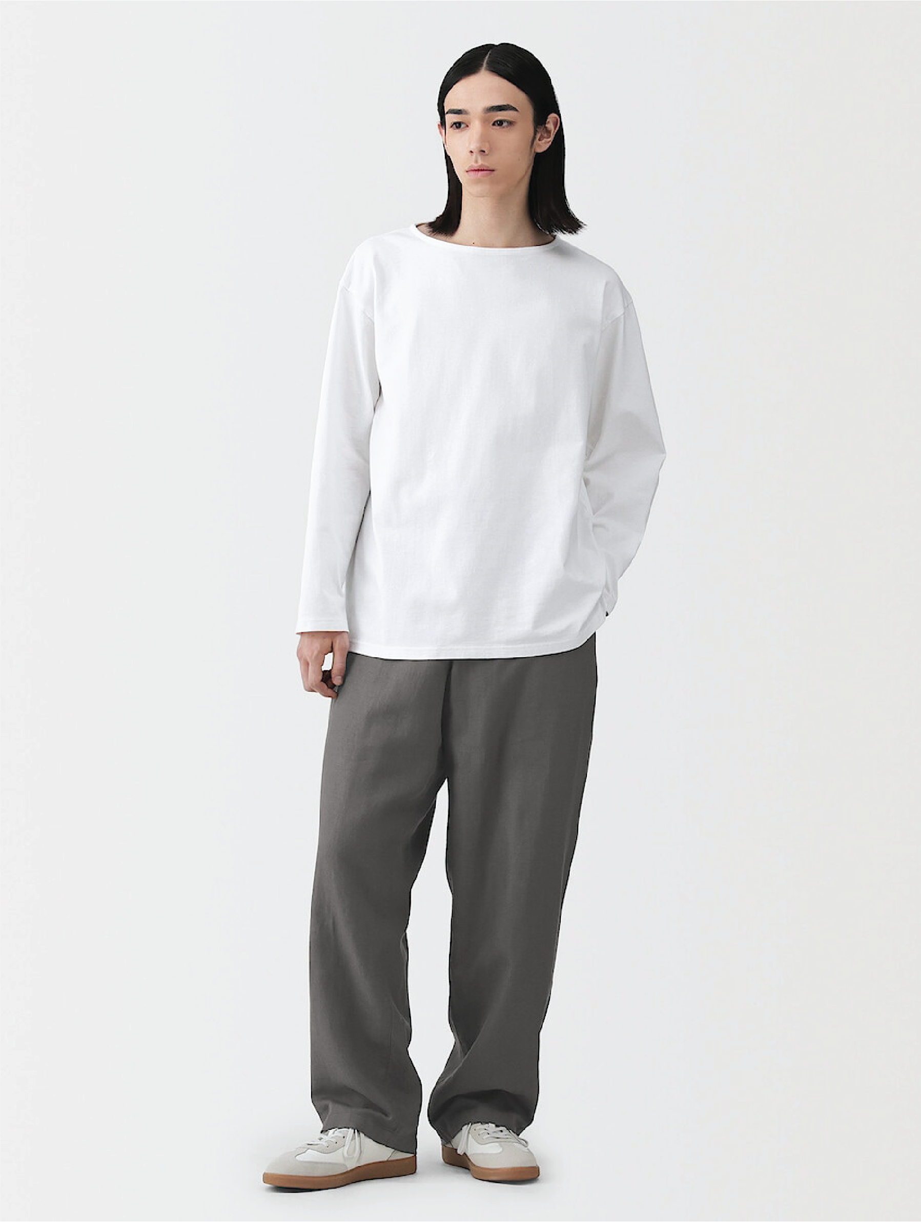 Model wearing linen dress