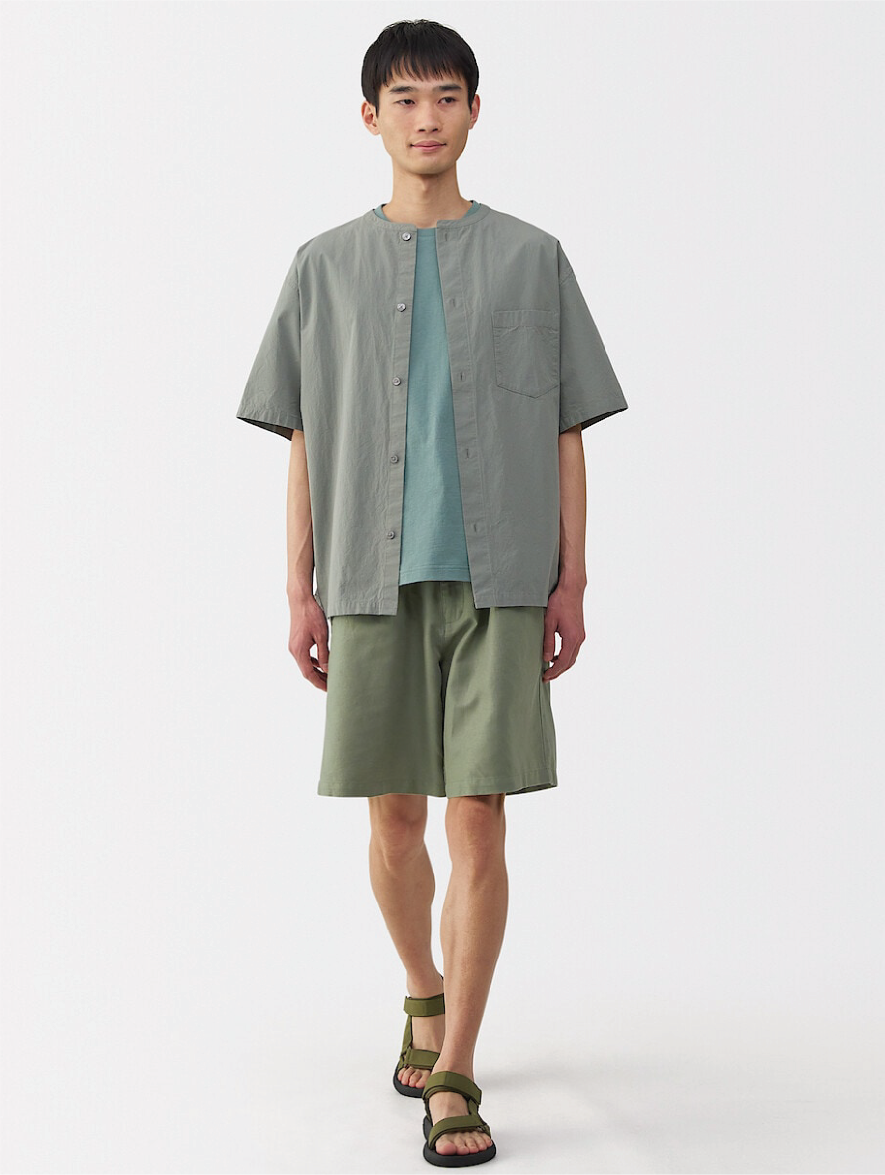 Model wearing linen dress
