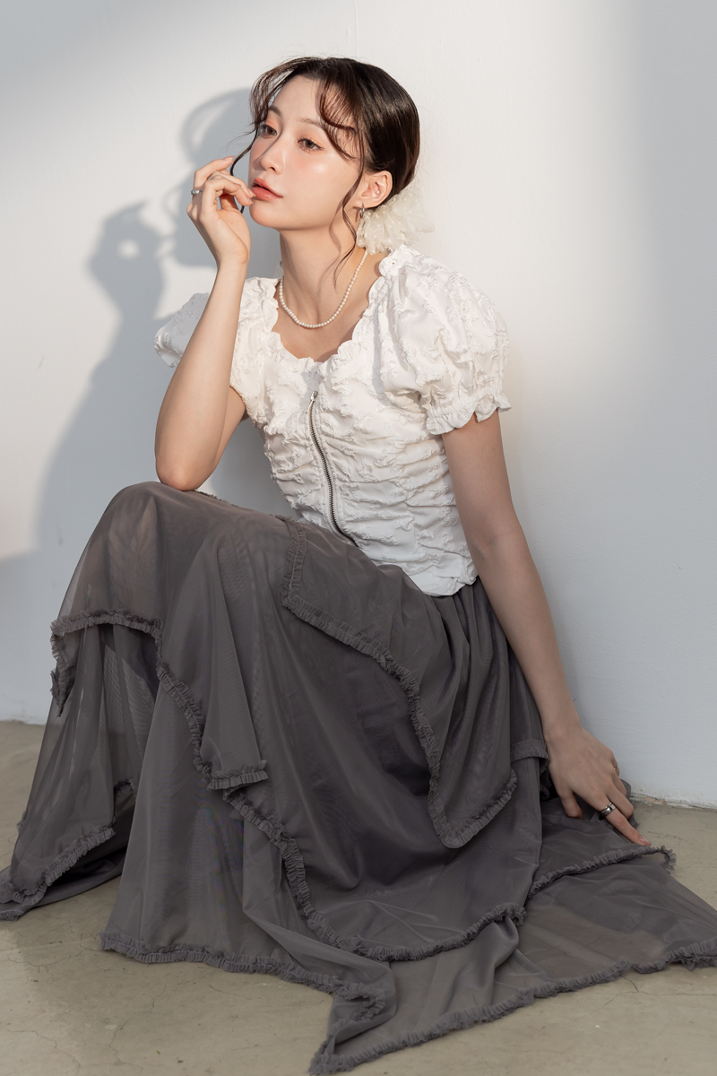 法式斜裁波浪澎澎紗裙