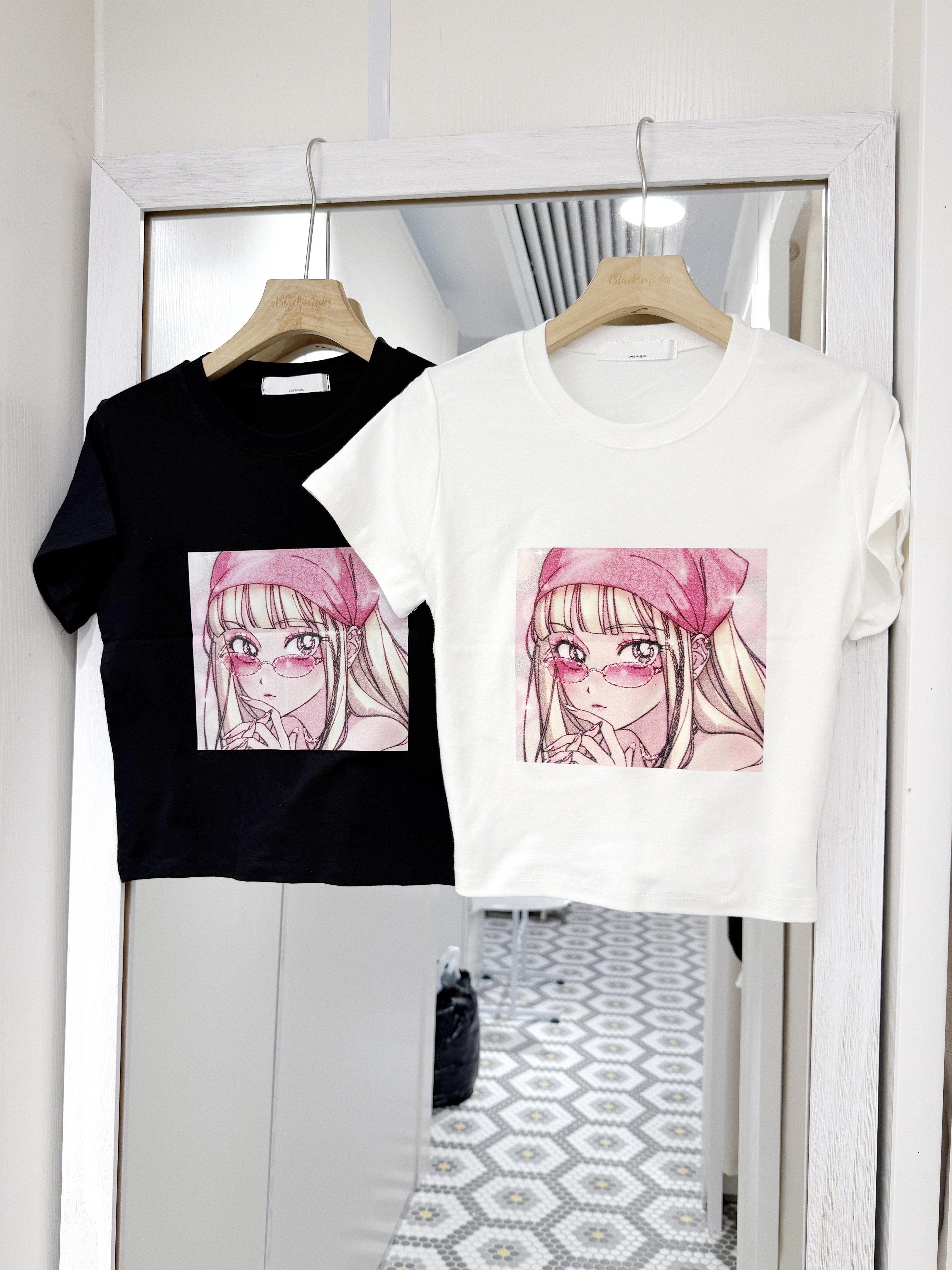 T1563｜漫畫風方格粉系少女短版TEE🩰°˖𓍢ִ໋🌷͙֒✧°