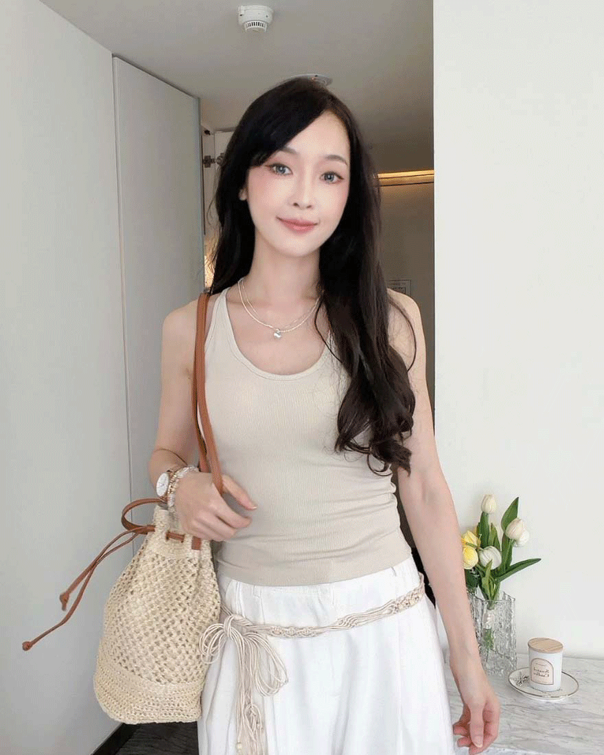 LINA LINA日常元素純色削肩BRA TOP背心-奶茶卡