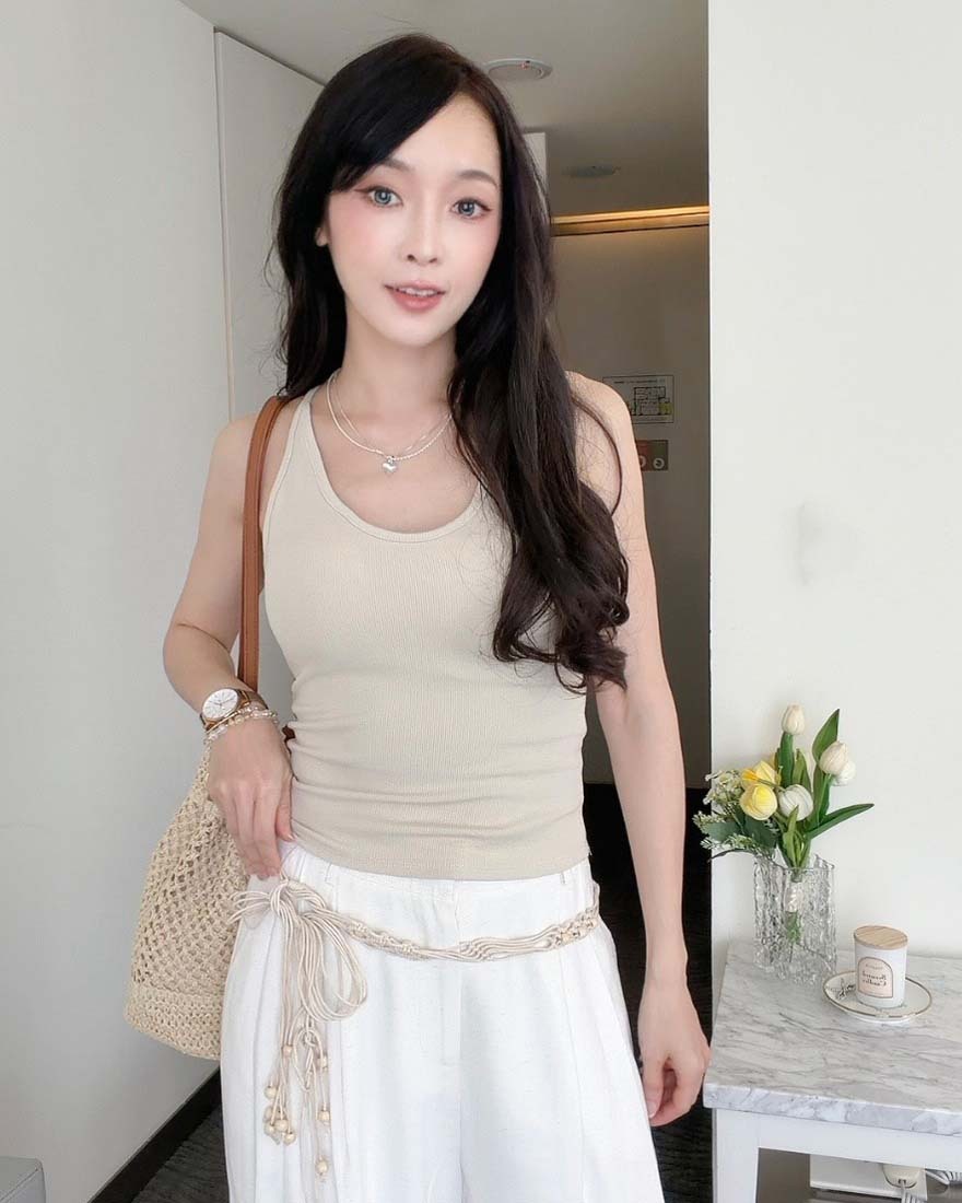 LINA LINA日常元素純色削肩BRA TOP背心-奶茶卡