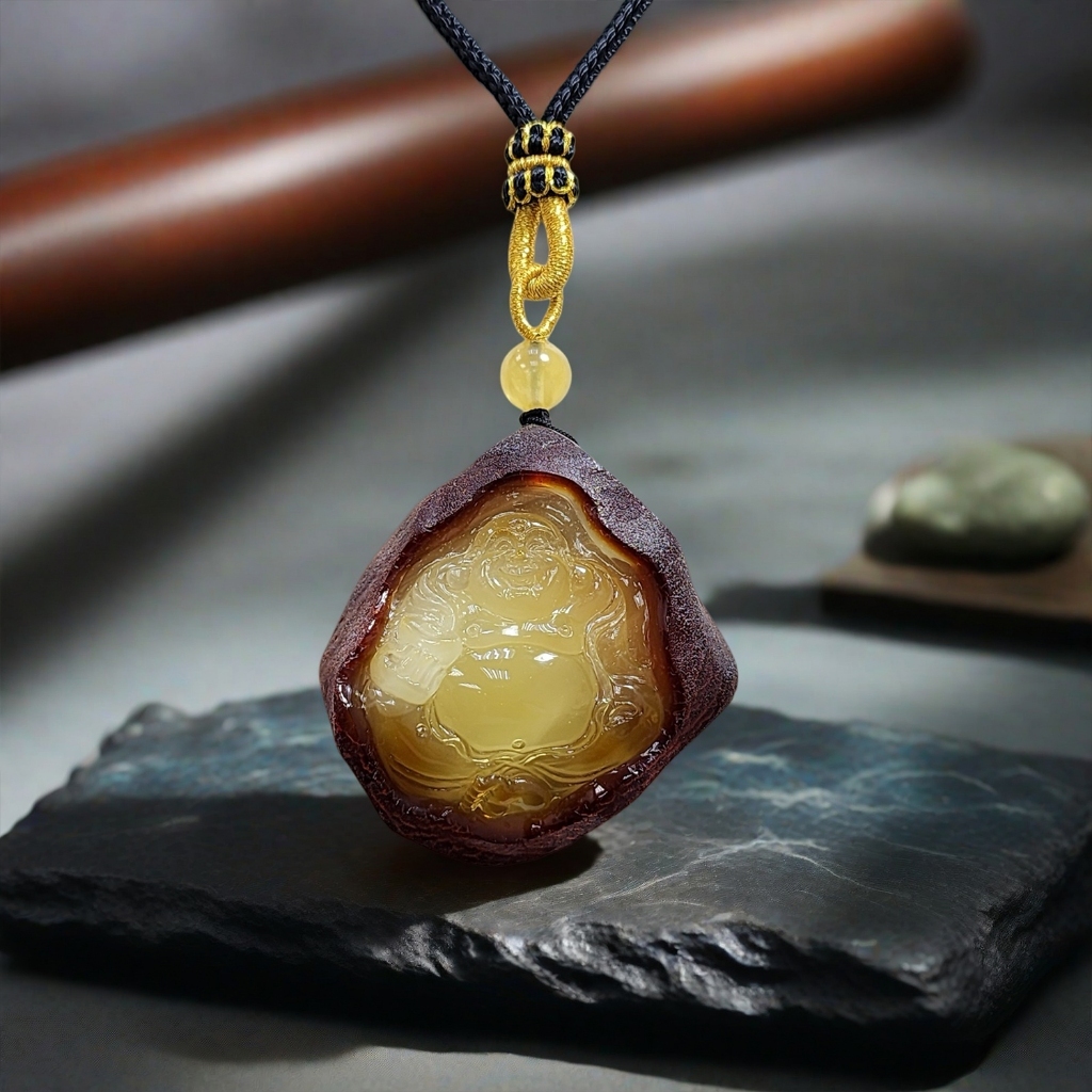 【騰彪琥珀】天然隨形留皮金絞白蜜蠟彌勒佛掛件繩鍊 附公司保證卡 雕刻佛墜 輕搓松香 男仕日常百搭 收藏精品