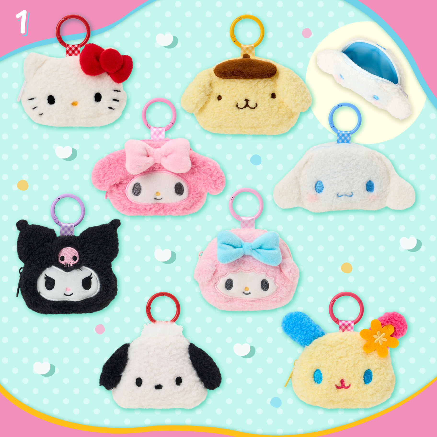 日本 Sanrio 公仔收納袋系列 - 公仔頭拉鏈袋連爬山扣