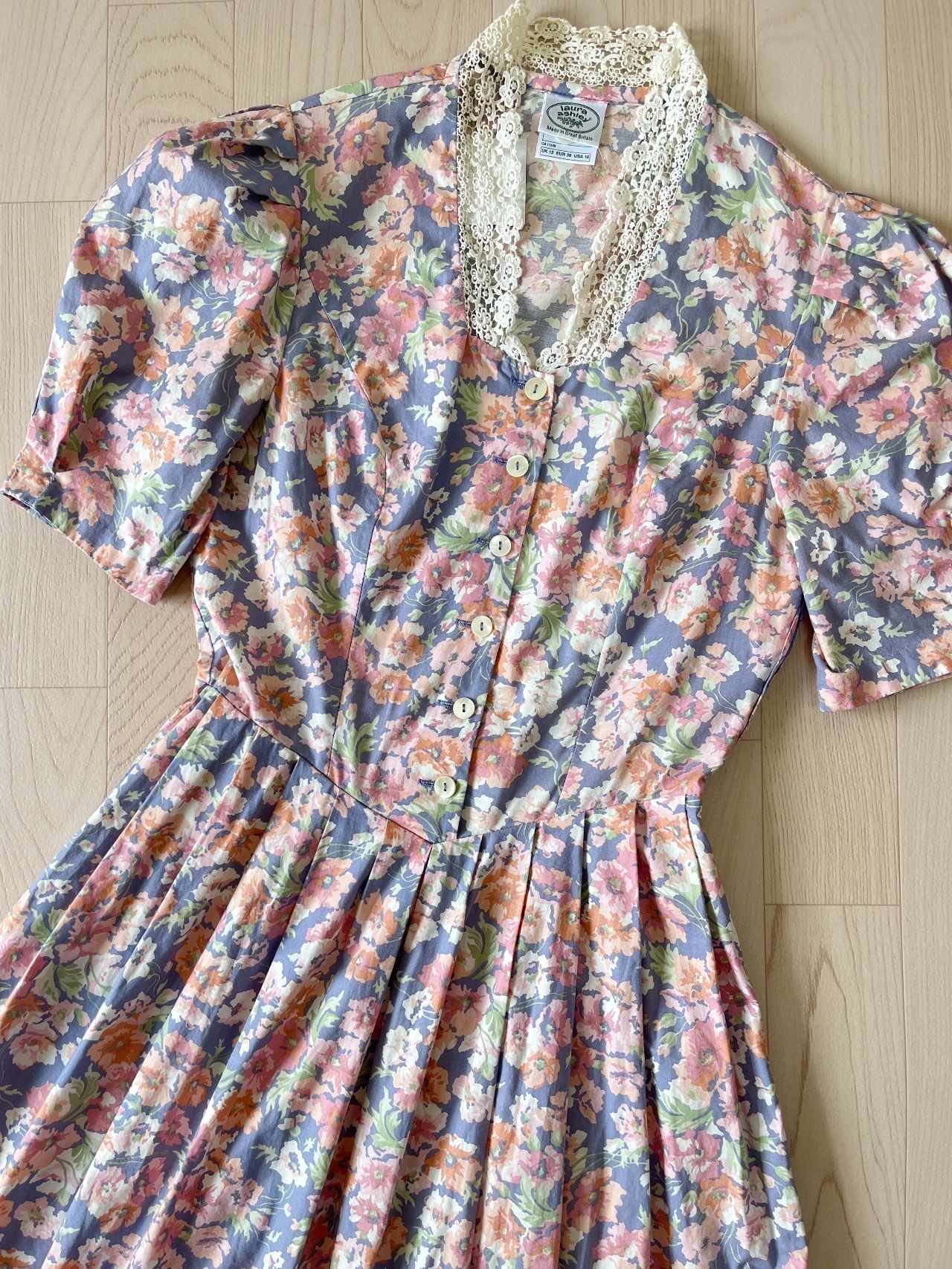 Laura Ashley英國製80s柔和藍色連身裙