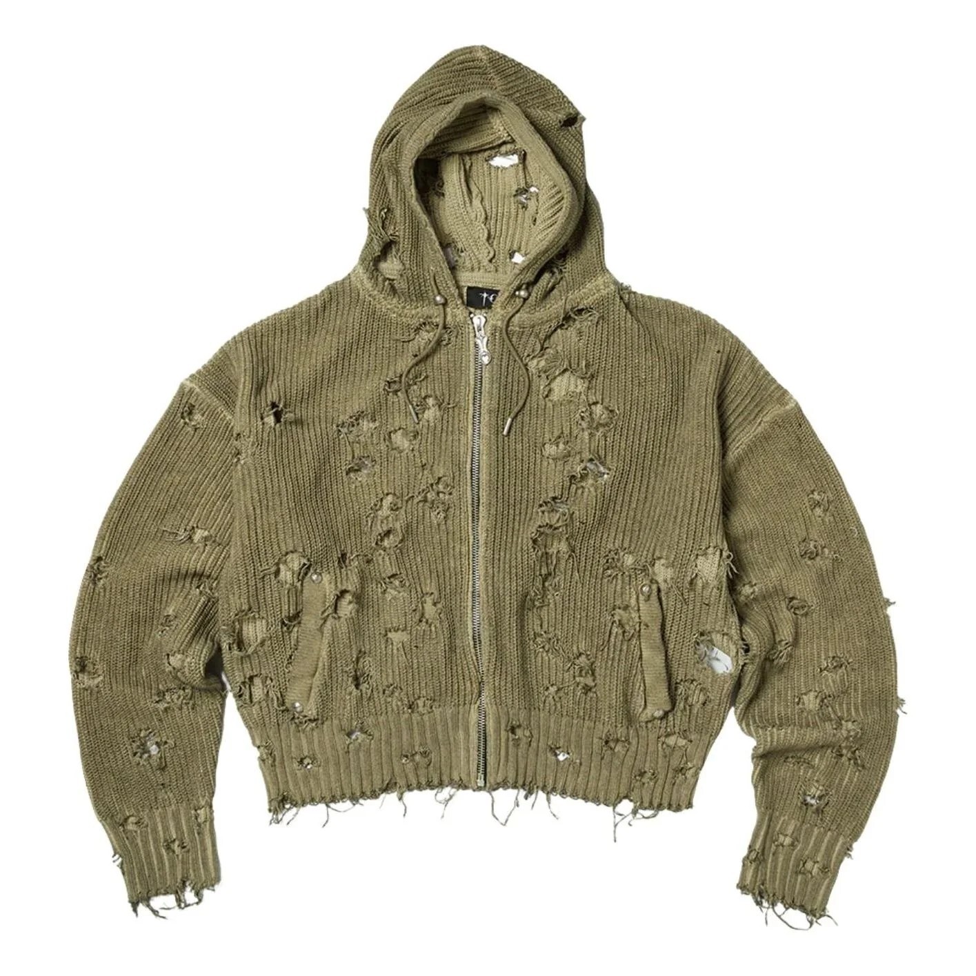 【Focus Store】現貨 Thug Club Destroyed Knit Zip-Up Hoodie ''Beige'' 褐色 破壞針織 拉鍊連帽外套