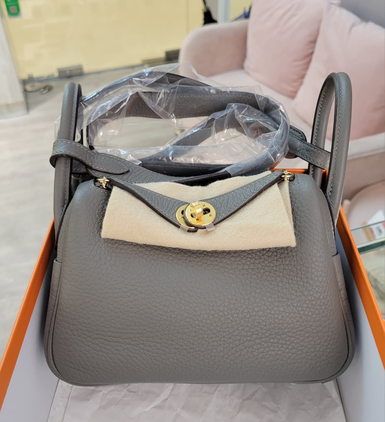 UNUSED HERMES MINI LINDY 1 0L GRIS MEYER CC積雨雲灰金扣