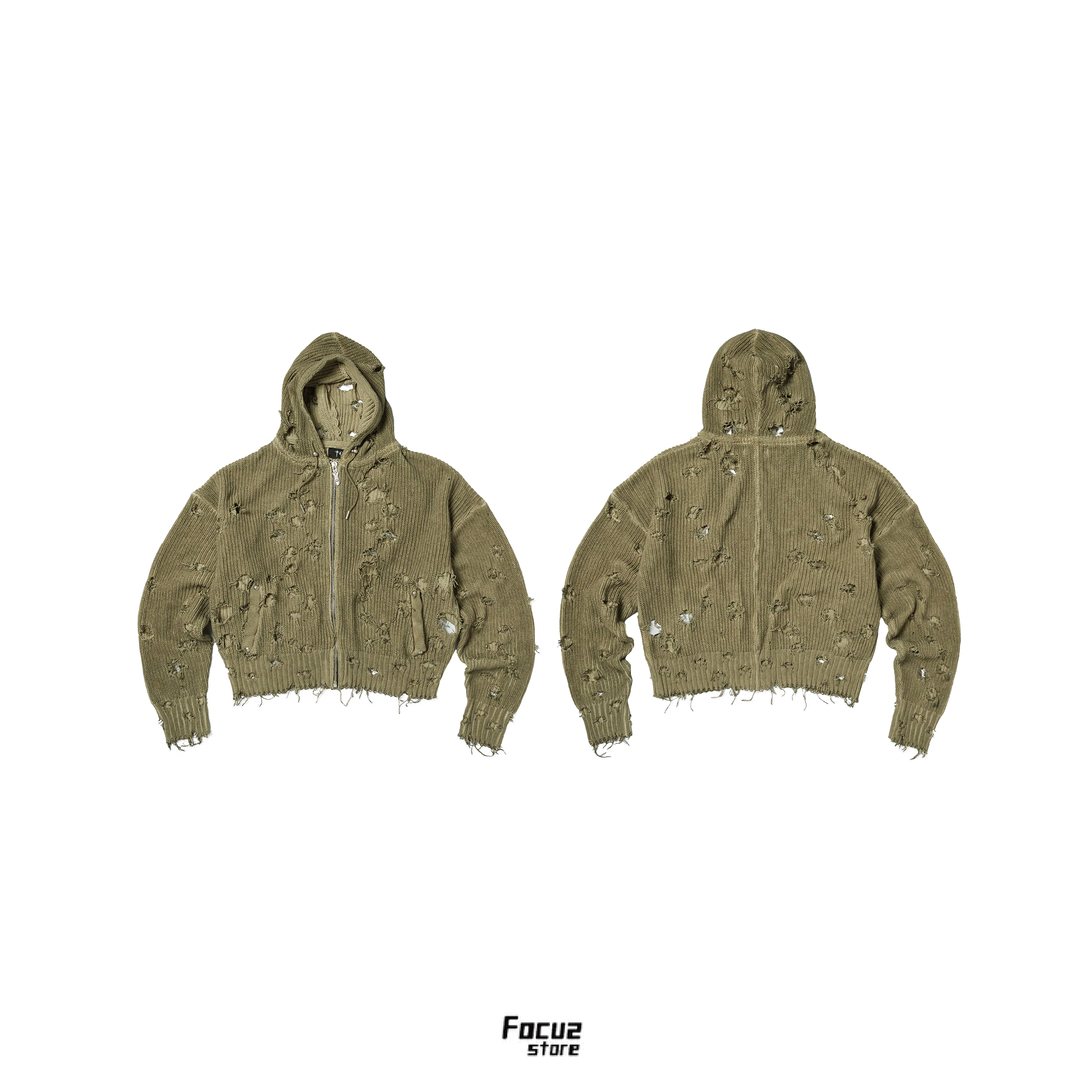【Focus Store】現貨 Thug Club Destroyed Knit Zip-Up Hoodie ''Beige'' 褐色 破壞針織 拉鍊連帽外套