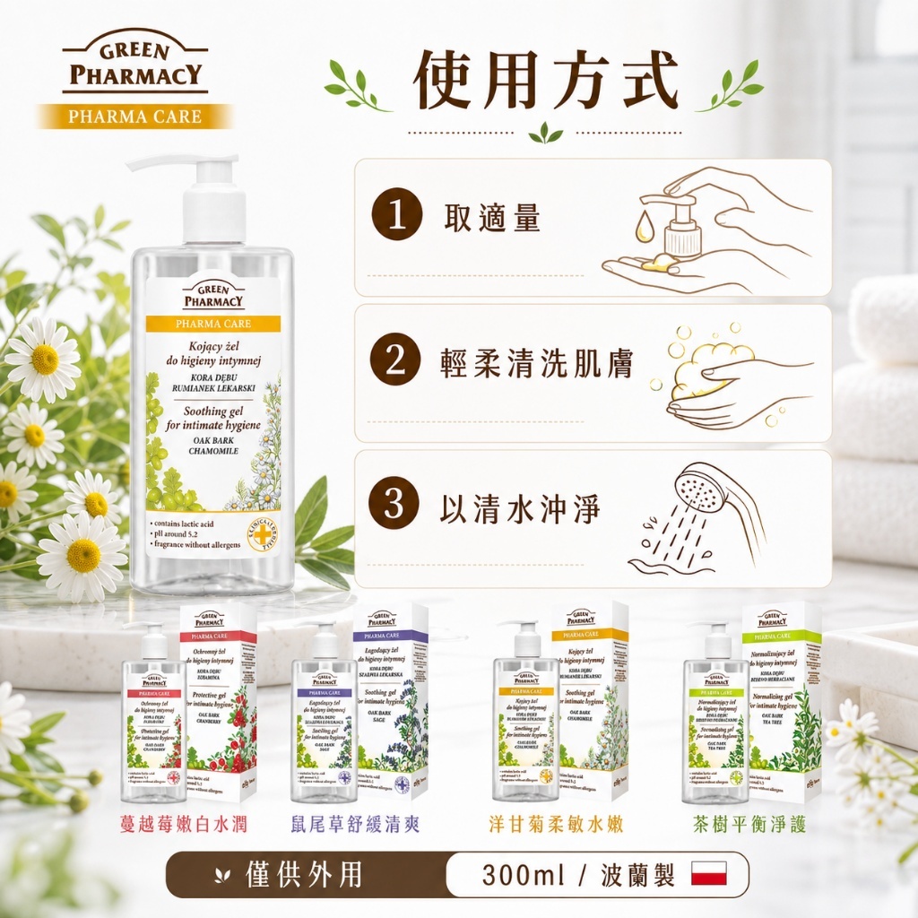 波蘭 Green Pharmacy 私密水潤潔膚露 300ml (擠壓瓶)