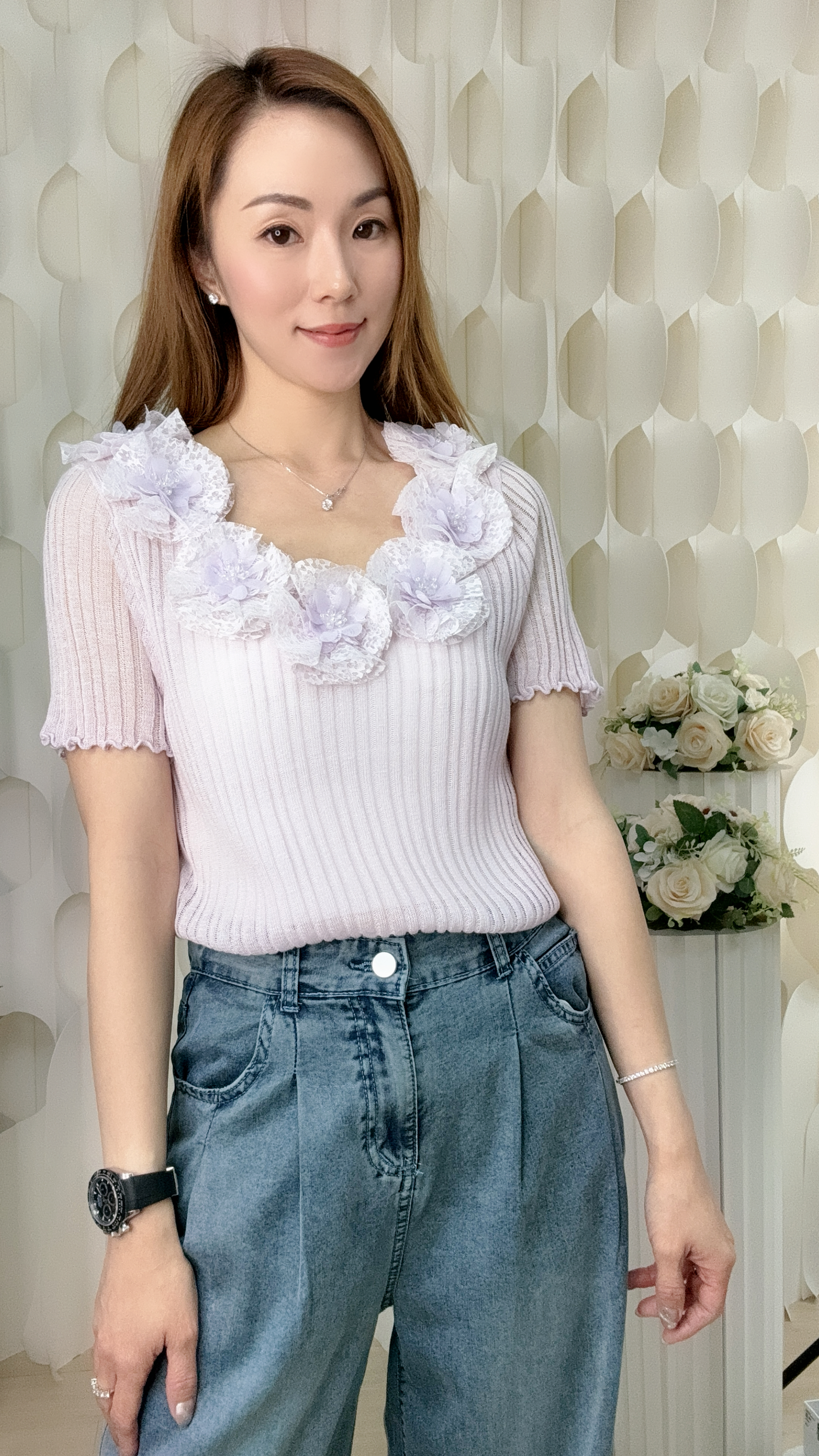 圓領立體花花波浪邊棉綫上衣 (胸32-44 腰28-46 長23吋) LA26170 #1606clo