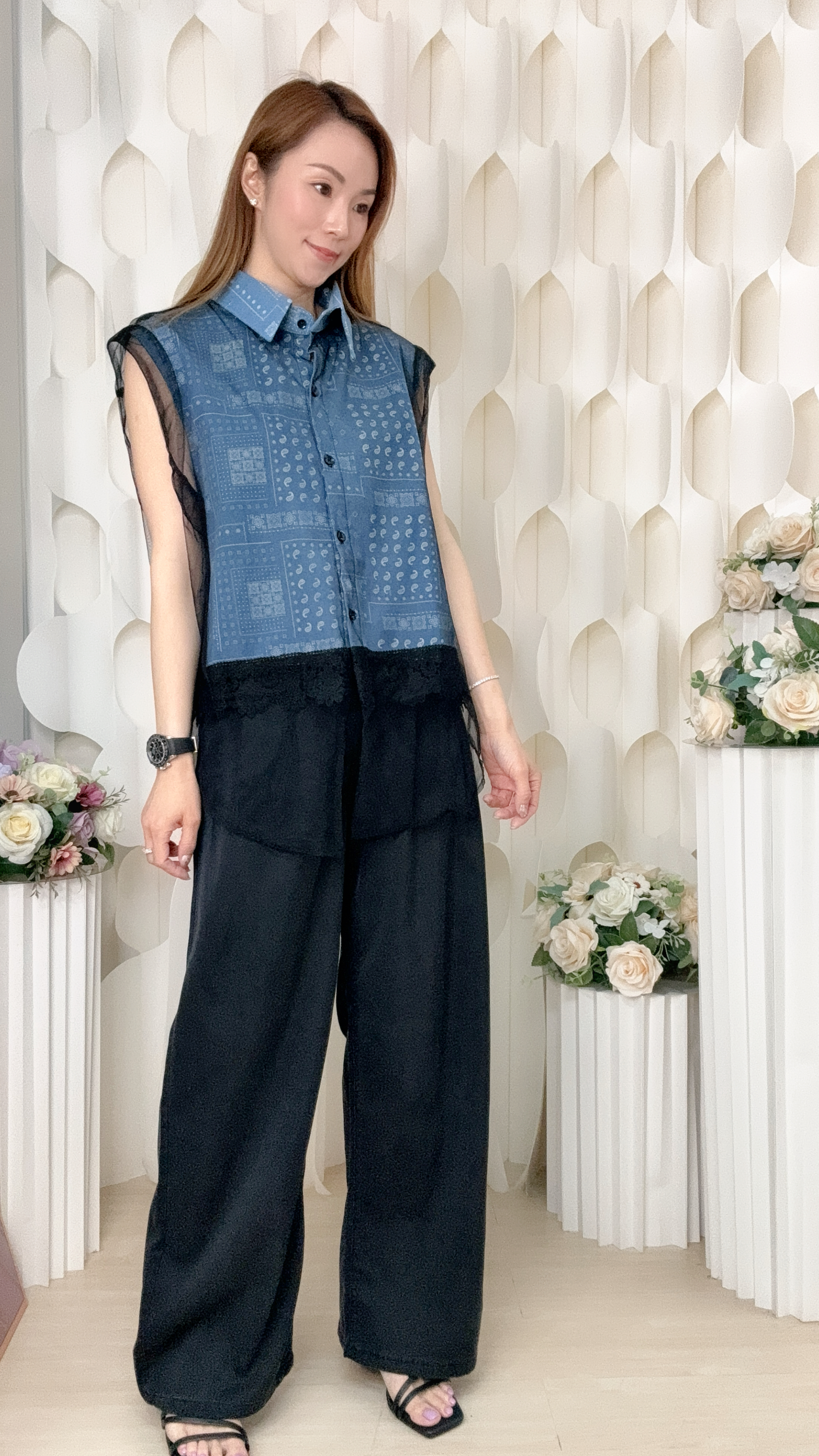 蕾絲假兩件牛仔無袖上衣(胸44 腰44 長29吋) 57588 #1606clo