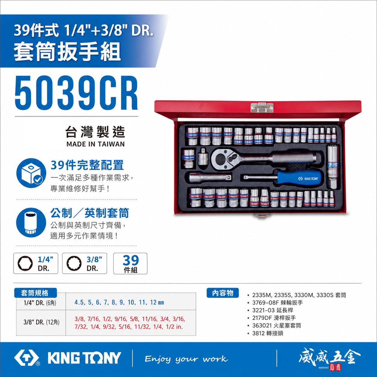 KING TONY 金統立｜兩分+三分套筒組 39件式 1/4"+3/8"套筒扳手組 2分3分｜5039CR