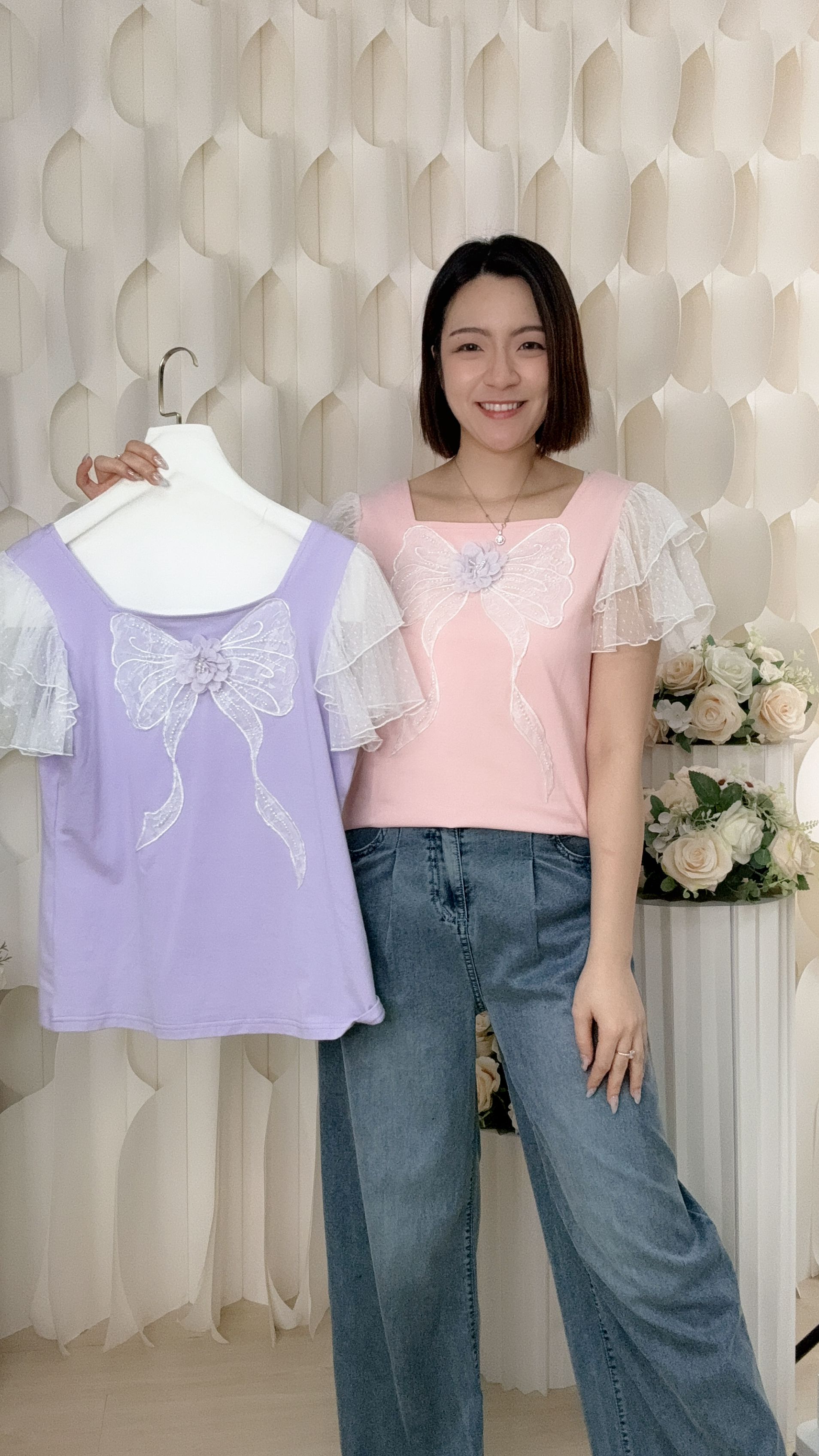ruffle蕾絲袖蝴蝶結棉質上衣 (胸36-44 腰34-42 長23吋) 26119 #1606clo