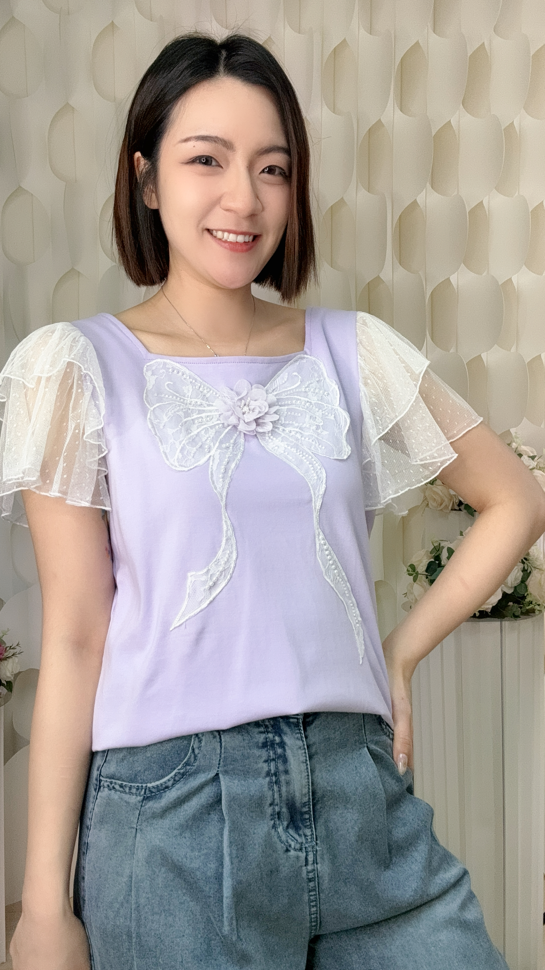 ruffle蕾絲袖蝴蝶結棉質上衣 (胸36-44 腰34-42 長23吋) 26119 #1606clo