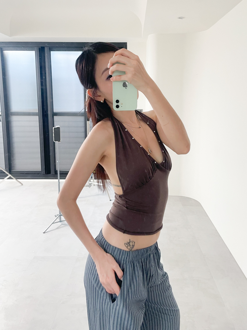 rhinestone trim ruched overlock halter