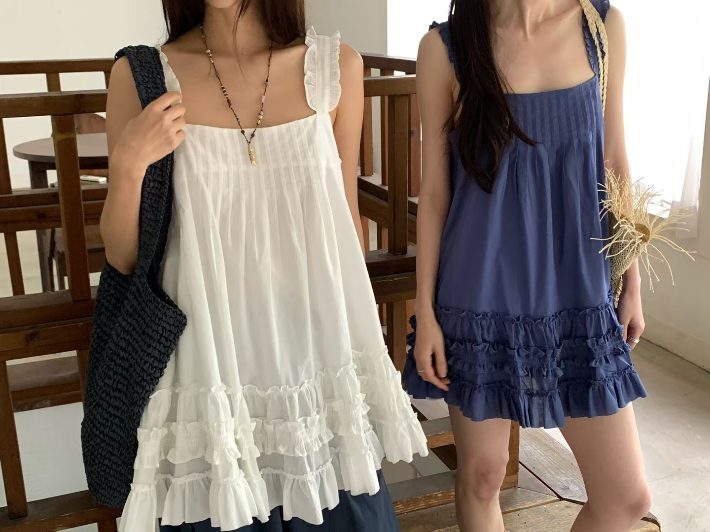 方領背心傘擺荷葉圈洋裝