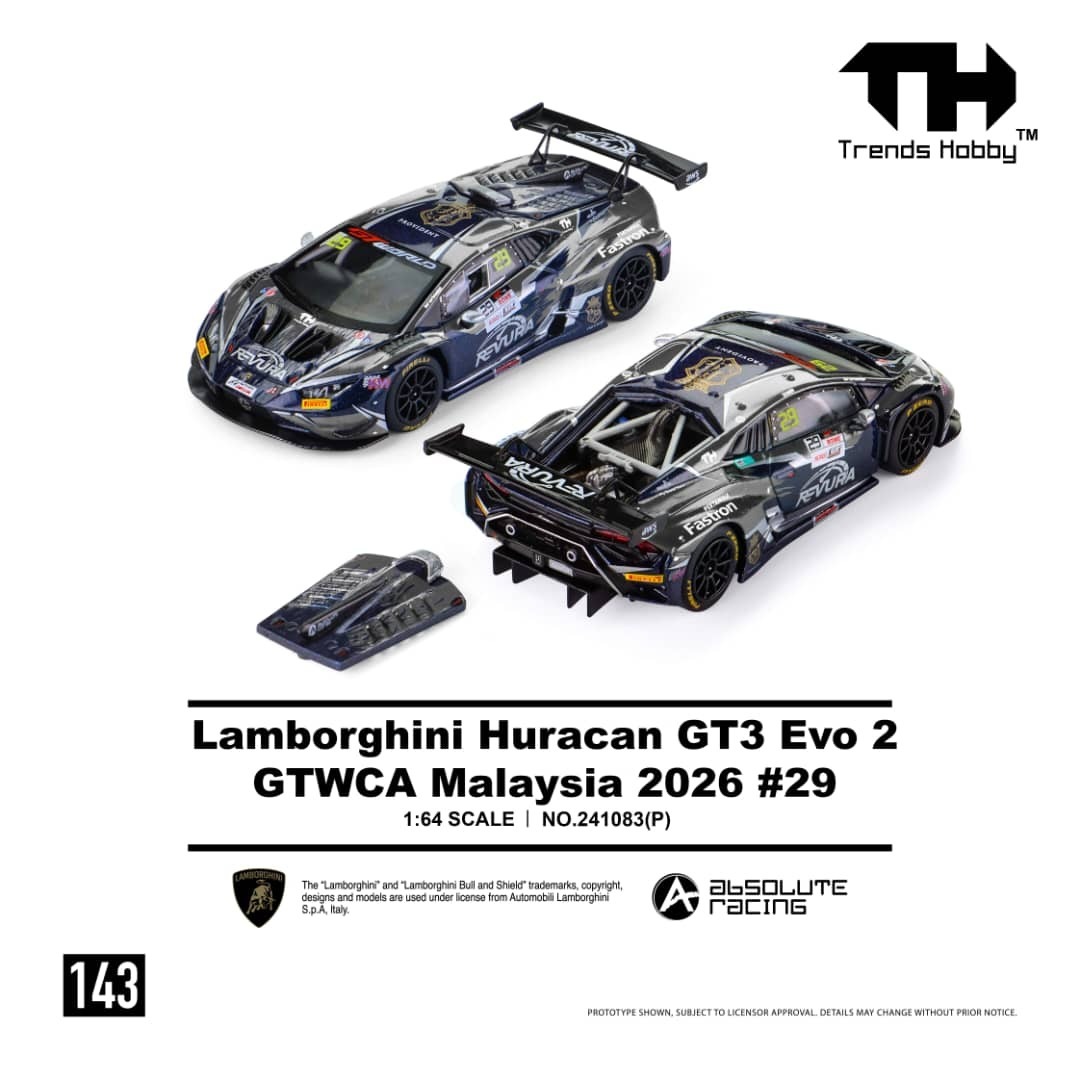 PO-$140 * TRENDS HOBBY * 1:64 LAMBORGHINI HURACAN GT3 EVO2 GTWCA MALAYSIA 2026 NO.29 BLACK BLUE LIVERY