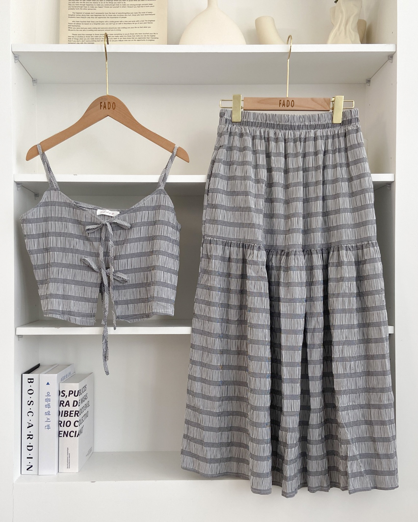 法朵Fado shop｜法式浪漫🎀雙綁帶短版背心+高腰鬆緊蛋糕裙條紋套裝  9785004