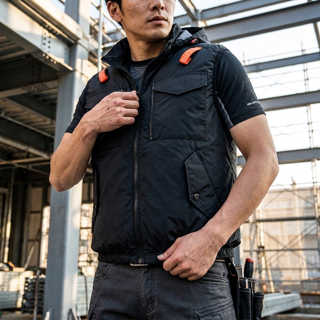 工人穿著巴特雷空調服,搭配工作褲,準備進行戶外工程。