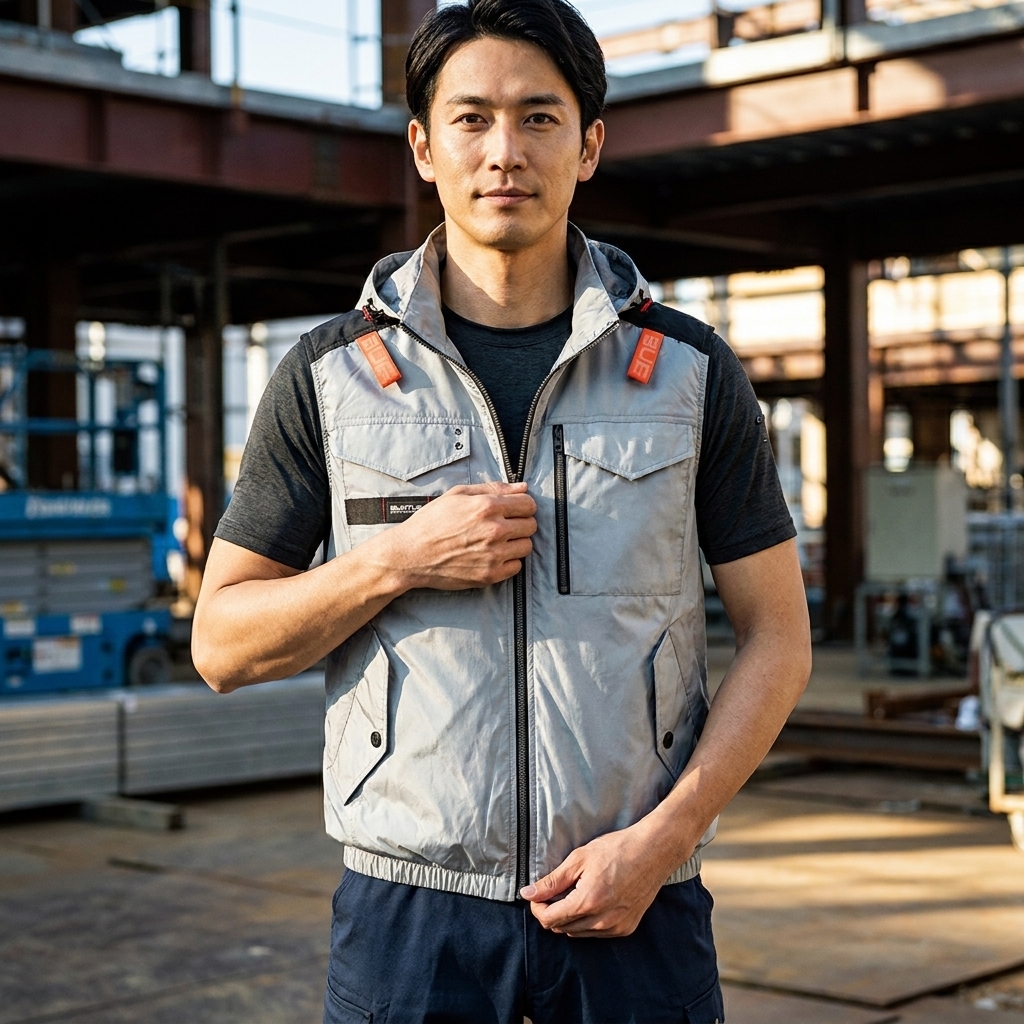 一位穿著灰色巴特雷空調服的亞洲男性,在建築工地中自信地望向鏡頭。