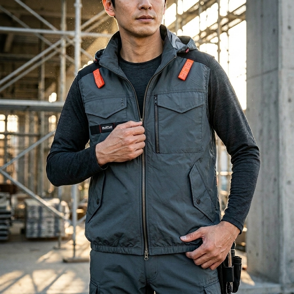 穿著灰色巴特雷空調服和長袖上衣的建築工人。