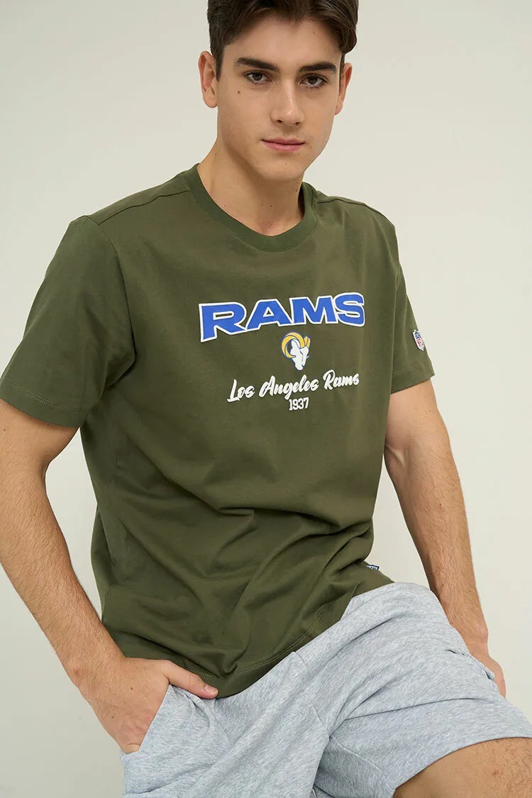 【NFL】洛杉磯公羊基本短袖上衣|純棉透氣 經典隊徽-中綠色・中性衣服穿搭・中性風穿搭・中性穿搭