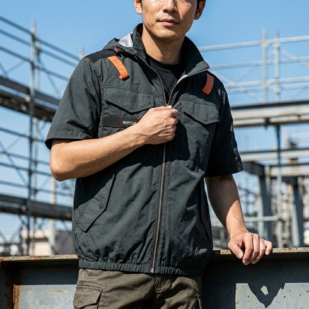 身穿巴特雷空調服的男性，背景為建築工地